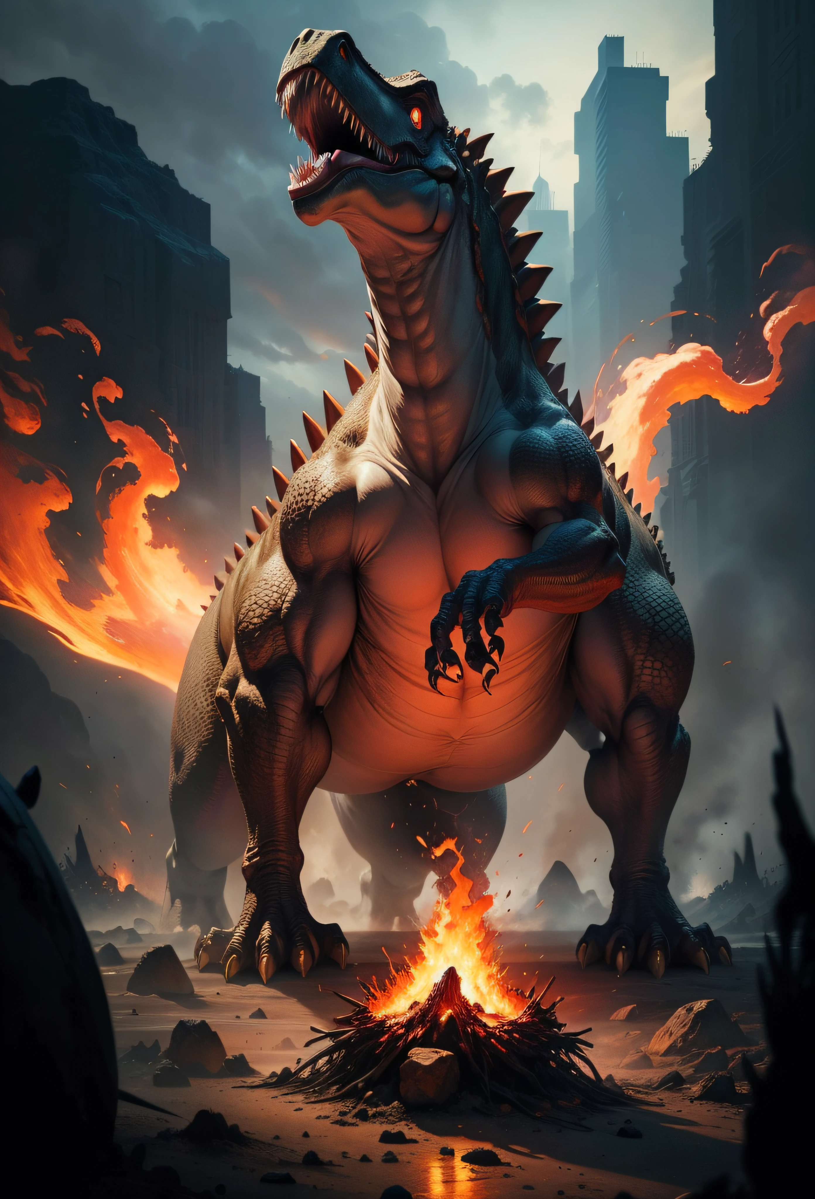 dinosaurs,breathingfire,super high-quality model, Background of flame burning, Abstract beauty, Explosive volume, oil painted, Heavy strokes, paint drips