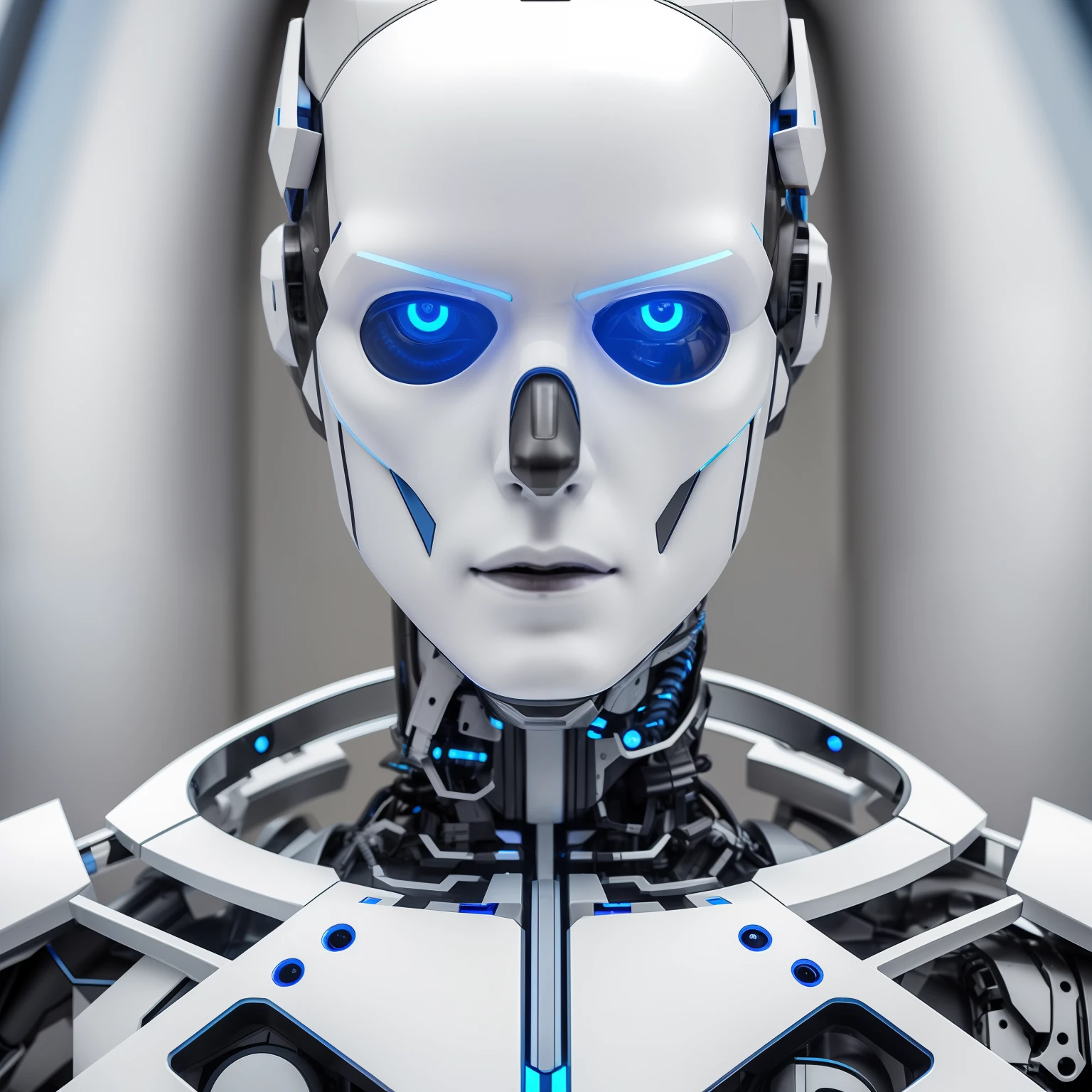 A closeup of a robot with blue eyes and a metal body, portrait of a futuristic robot, Retrato do humanoide masculino, Retrato em close-up de Ciborgue, Face detalhada de um androide, Retrato detalhado de um ciborgue, Retrato de Ciborgue, robot with human face, humanoid robot close up, Retrato de um androide feminino, Retrato de um androide, Retrato do androide feminino