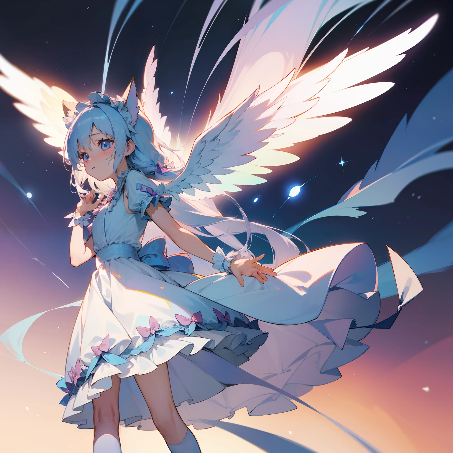 (Top image quality)、(ultra-detailliert)、top-quality、masterpiece、1girl、Little Girl、Cat's ears、angelicales、Angel wings、Circle of Angels、silber hair、silber hair、White hair、Longhaire、Light blue eyes、maid clothes、maid clothes、frilly dress、lots of ruffles、lots of ribbons、bow ribbon、PastelColors、stele、pop music、she has a cute expressive face、Fluffy and spreading hair、clouds、Fluffy clouds、intergalactic、(Twinkle)、fluffly