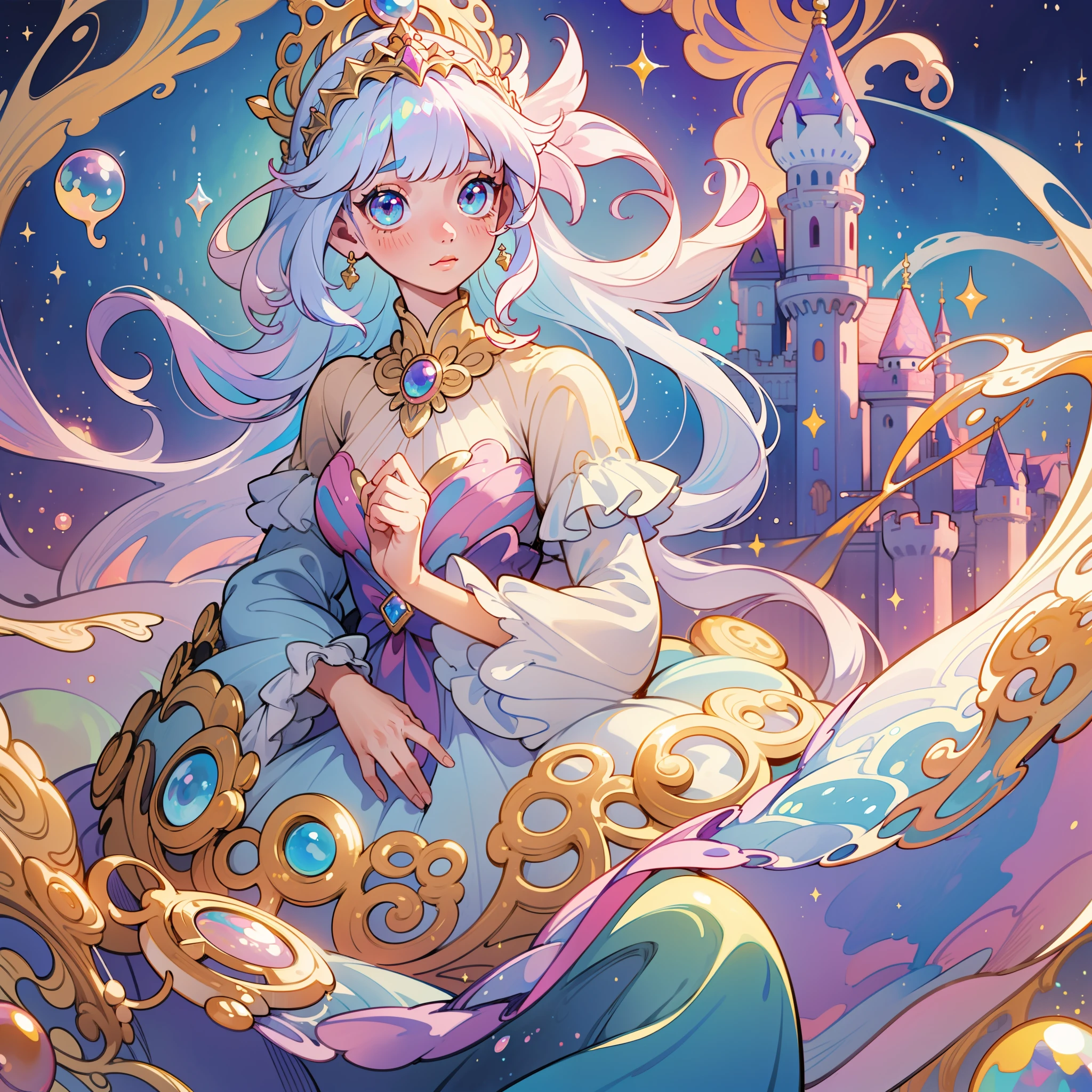 masterpiece, best quality, 8k resolution, sharp focus, intricate detail, beautiful girl, sparkling eyes, golden ratio face, otherworldly liquid, watercolor, pastel colors, bright colors, whimsical, colorful, sharp focus, high resolution, fine detail, princess fantasy flowing ballgown, ((round eyes)), iridescent bubbles, castle landscape in background