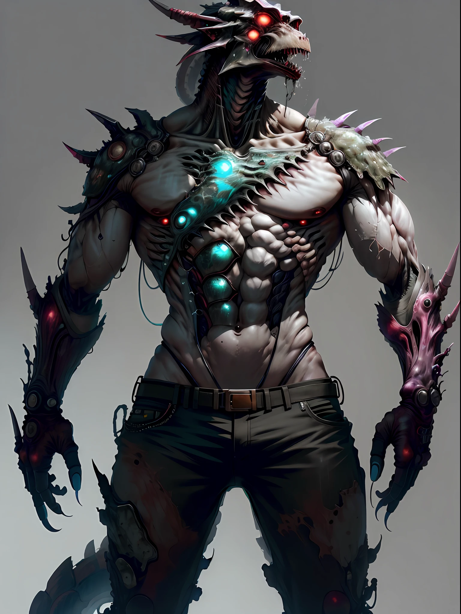 Biopunk artificial intelligence Dragon Man,Shabby black shorts,Crotch pants spill fluids,Genital fluid,nakeness,Strong,Chemical and biological weapons,drools,Sharp claws