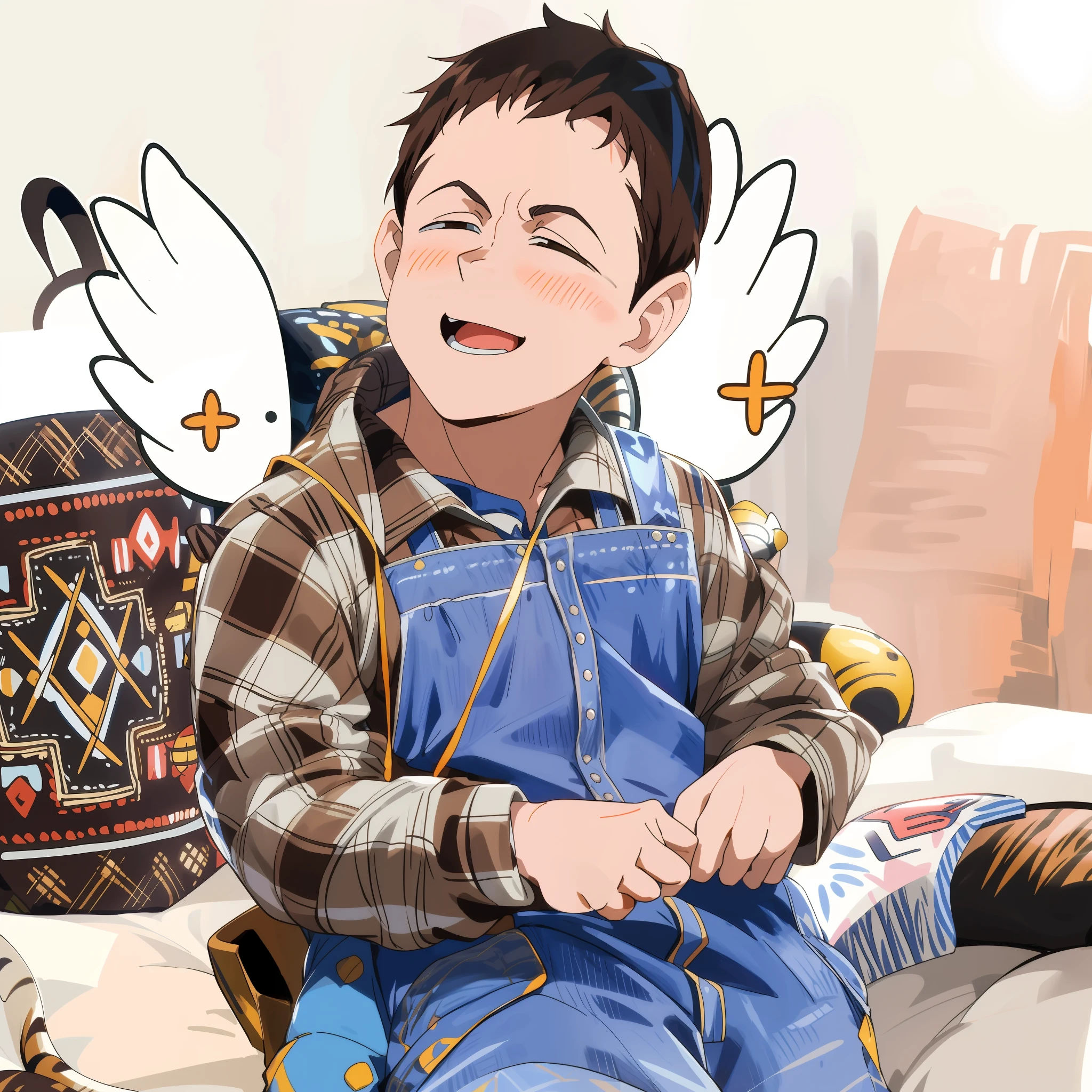 (Brunette boy，tmasterpiece，Highest image quality，Blue suspenders，Brown plaid shirt，Laugh happily，Tiger Tooth，Cartoon wings，Scene restoration，Two-dimensional style)