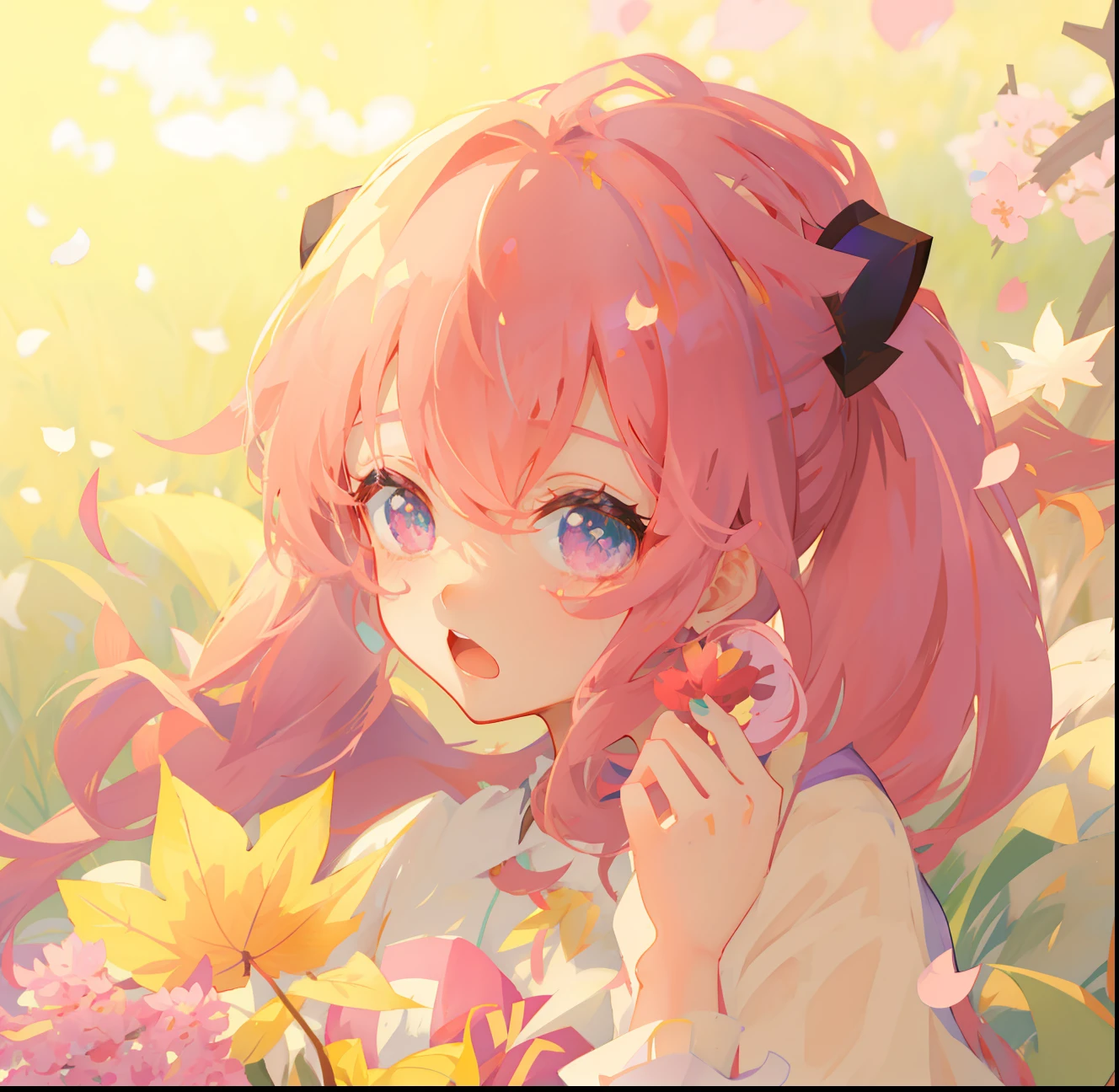 anime girl with pink hair holding a cookie in front of flowers, 🍁 cute, anime visual of a cute girl, seasons!! : 🌸 ☀ 🍂 ❄, anime lush john 8k woods, today's featured anime still, anime moe artstyle, 🍂 cute, screenshot from the anime film, 2 0 1 9 anime screenshot, still from tv anime, sakura petals around her