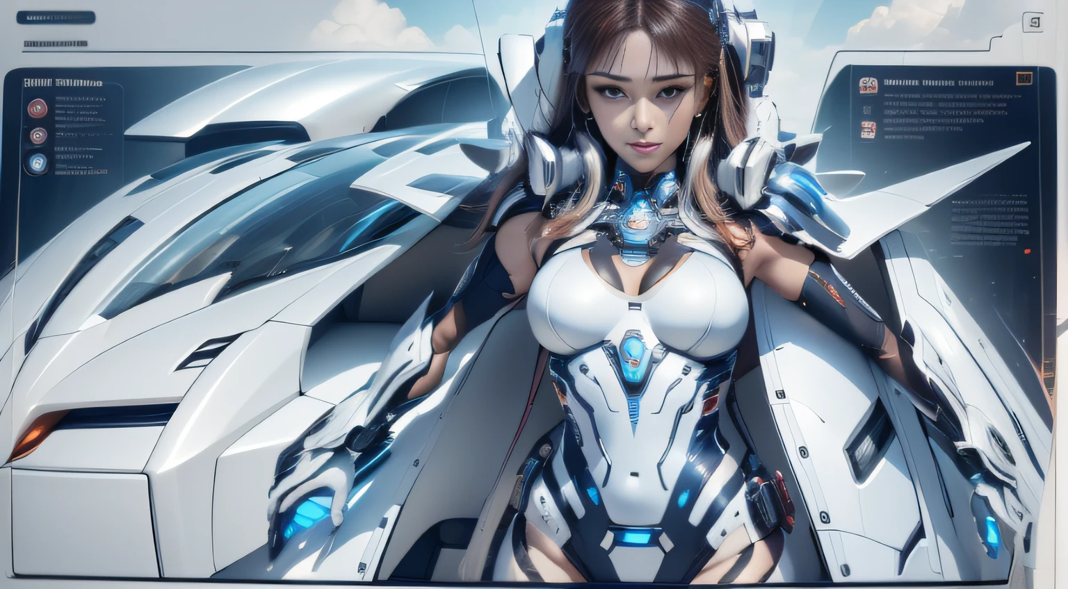 Highest image quality，Outstanding details，超高分辨率，（Fidelity：1.4）, Favor the details，closeup cleavage，The background is a celestial starlight scene, high tech spaceships, He has a delicate and beautiful face，（（Blue-white semi-mechanical body：1.8）），High-tech mecha weapons, Raised sexy，frontage，cyber punk perssonage，Futuristic，mechanically aesthetic，Virtual Engine 5，Perfect detail rendering，rendering by octane，hyper HD