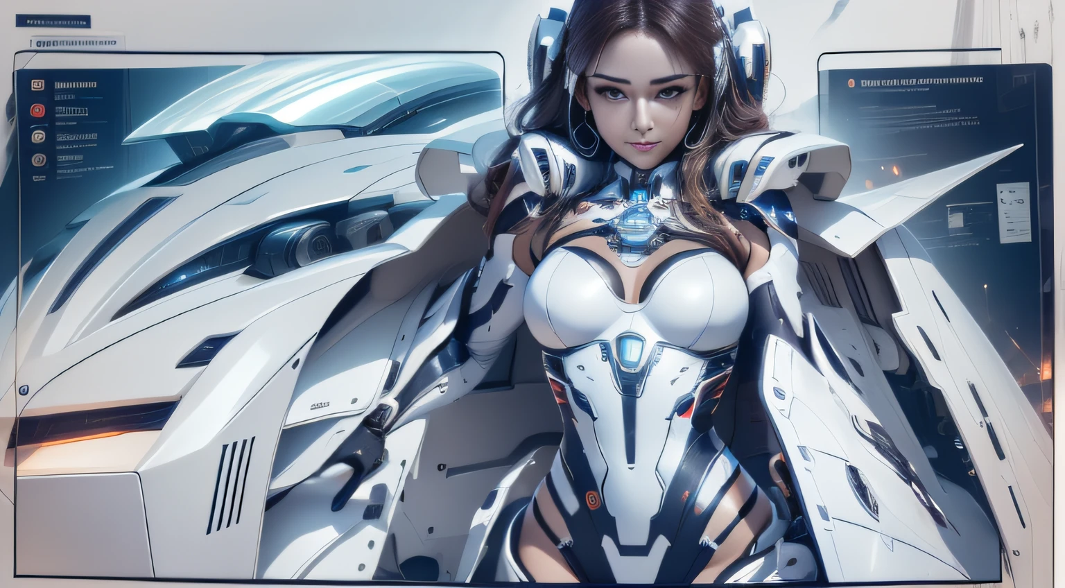 Highest image quality,Outstanding details,超高分辨率,(Fidelity:1.4), Favor the details,closeup cleavage,The background is a celestial starlight scene, high tech spaceships, He has a delicate and beautiful face,((Blue-white semi-mechanical body:1.8)),High-tech mecha weapons, Raised sexy,frontage,cyber punk perssonage,Futuristic,mechanically aesthetic,Virtual Engine 5,Perfect detail rendering,rendering by octane,hyper HD