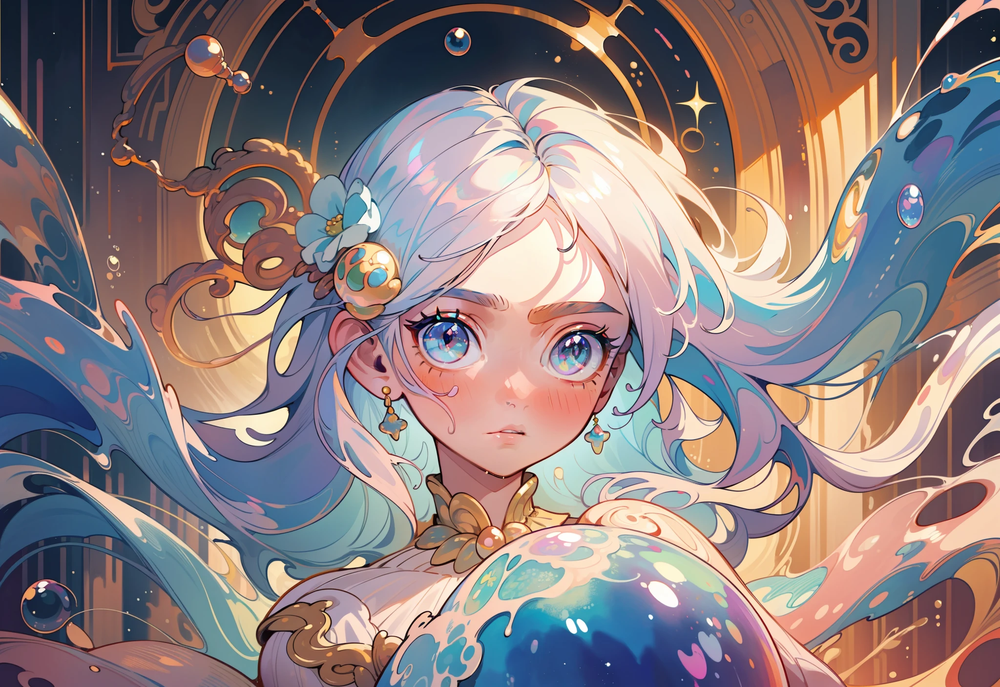 masterpiece, best quality, 8k resolution, sharp focus, intricate detail, beautiful girl, sparkling eyes, golden ratio face, otherworldly liquid, watercolor, pastel colors, bright colors, whimsical, colorful, sharp focus, high resolution, fine detail, liquid ballgown, ((round eyes)), iridescent bubbles