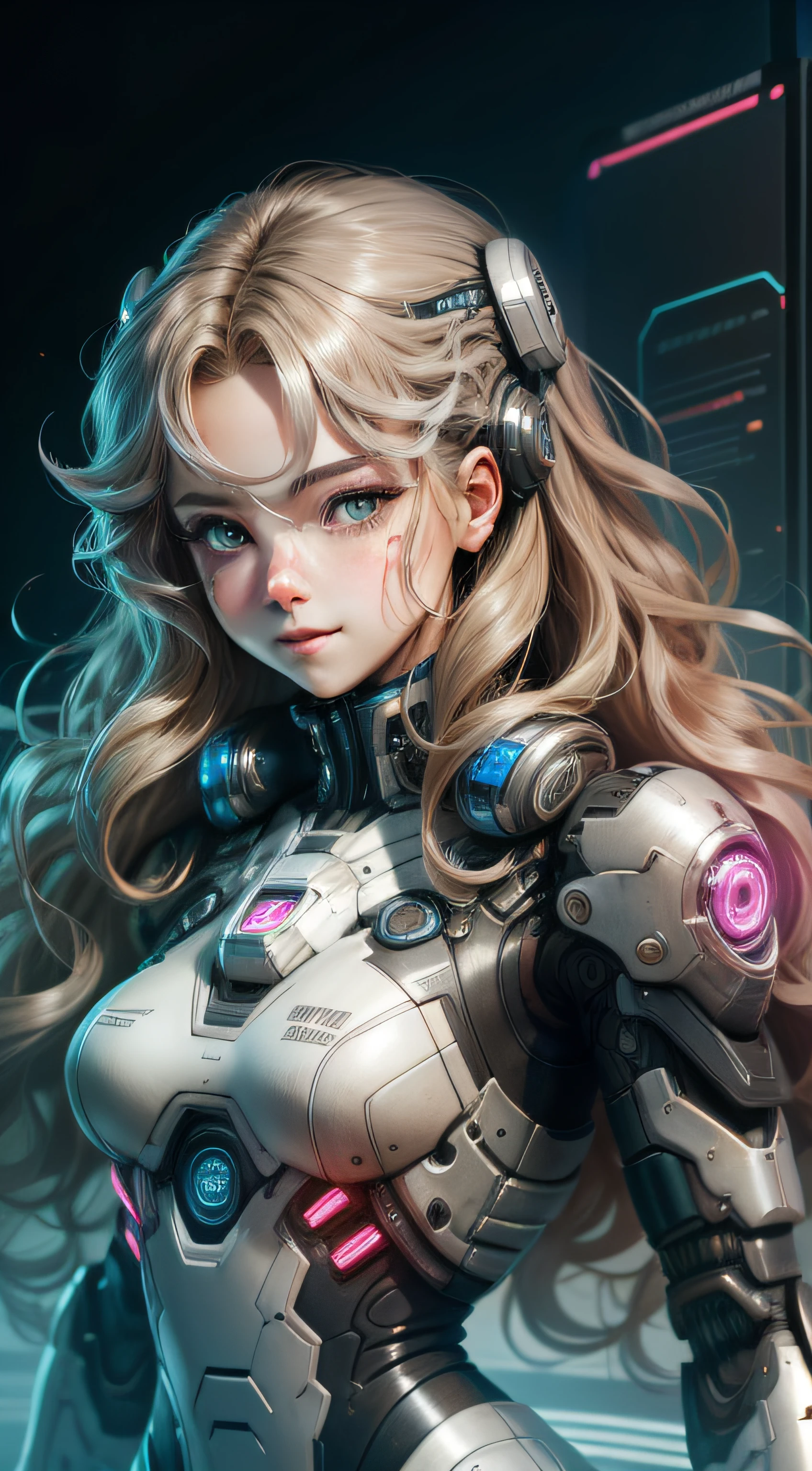 Best quality at best，illustratio，one-girl，Detailed eyes of happiness，Flat skin，Happy details of hair，Wavy hair，robot-girl，cyber punk style，whole body display