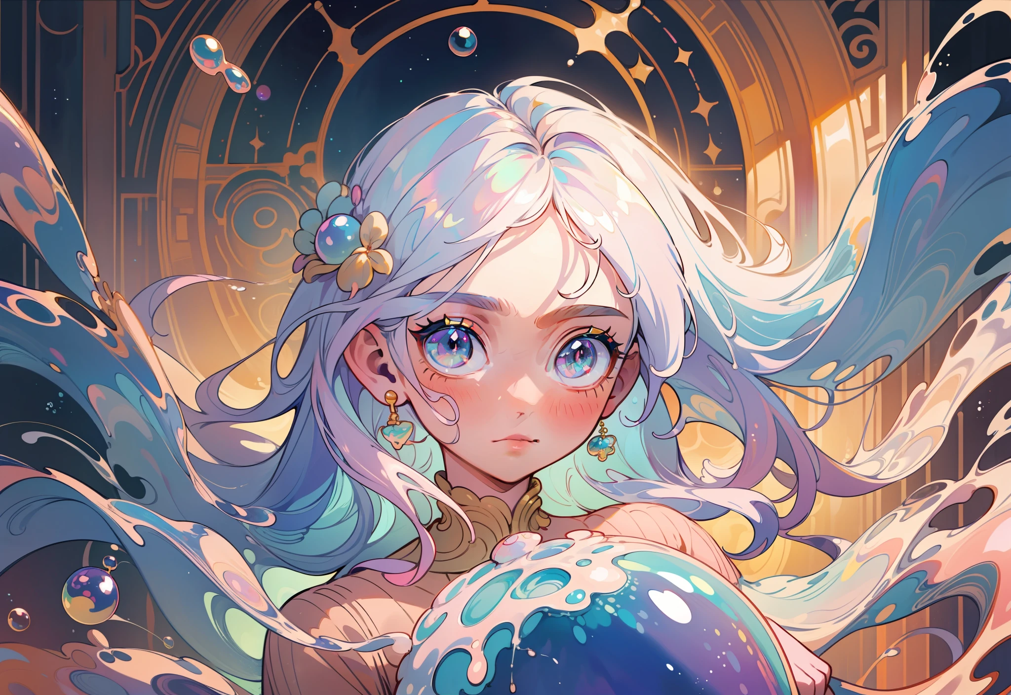 masterpiece, best quality, 8k resolution, sharp focus, intricate detail, beautiful girl, sparkling eyes, golden ratio face, otherworldly liquid, watercolor, pastel colors, bright colors, whimsical, colorful, sharp focus, high resolution, fine detail, liquid ballgown, ((round eyes)), iridescent bubbles