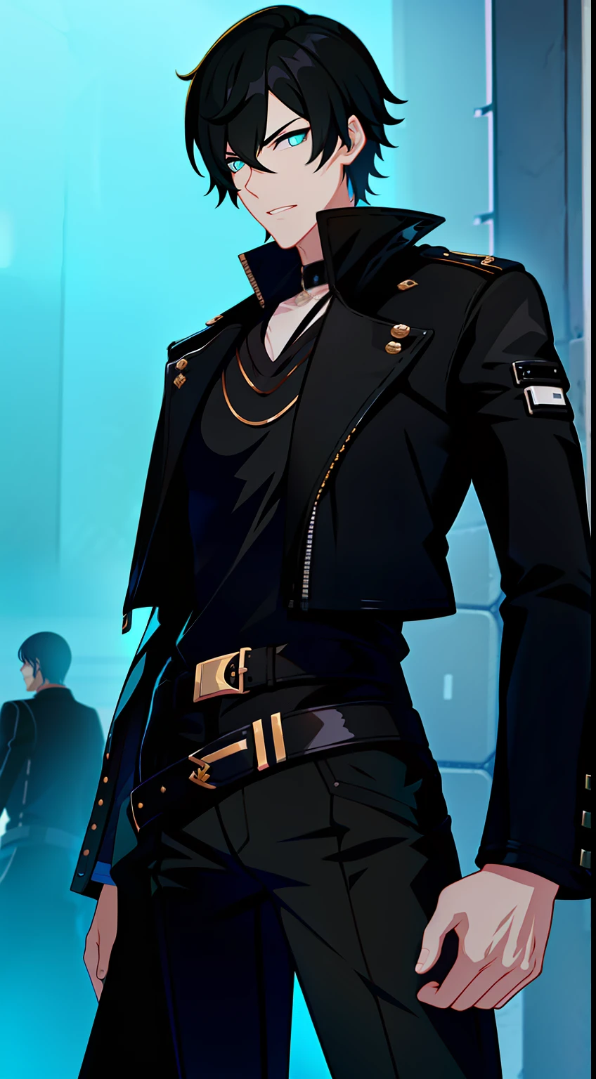 Tall guy, short black hair, Cyan eyes, black leather jacket, breeches, Masterpiece, hiquality