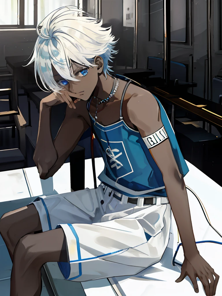 1 boy with black skin coloration, dentro de uma sala de aula de uma escola, olhando pela a janela, The boy's hair color is white. sentado numa cadeira, several different angles of the image