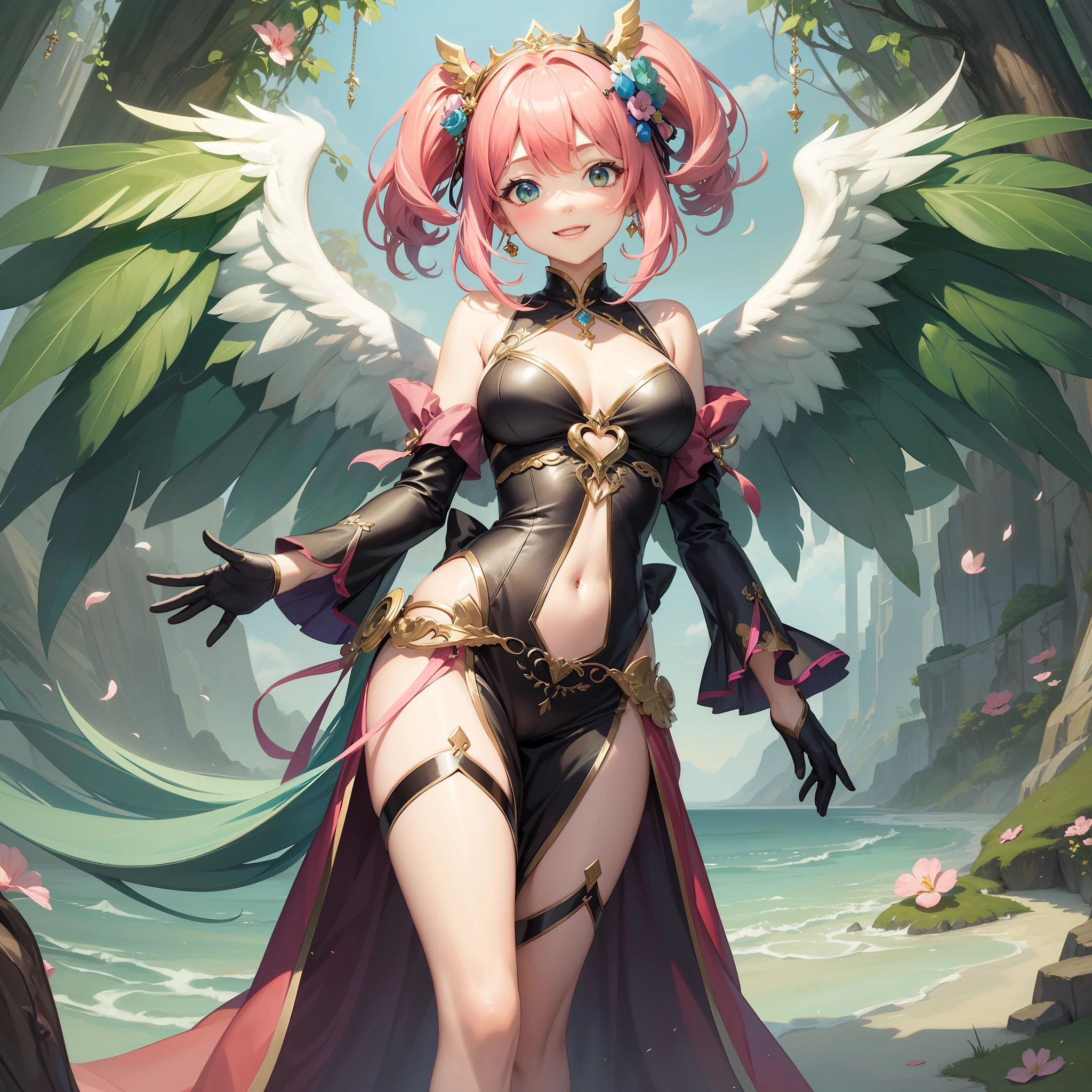 Multiple characters from the harem were depicted with smiles、Angel wings grew　girl with　Masterpiece illustrations with the highest image quality and ultra-high resolution。a beauty girl　Pink hair　Green hair