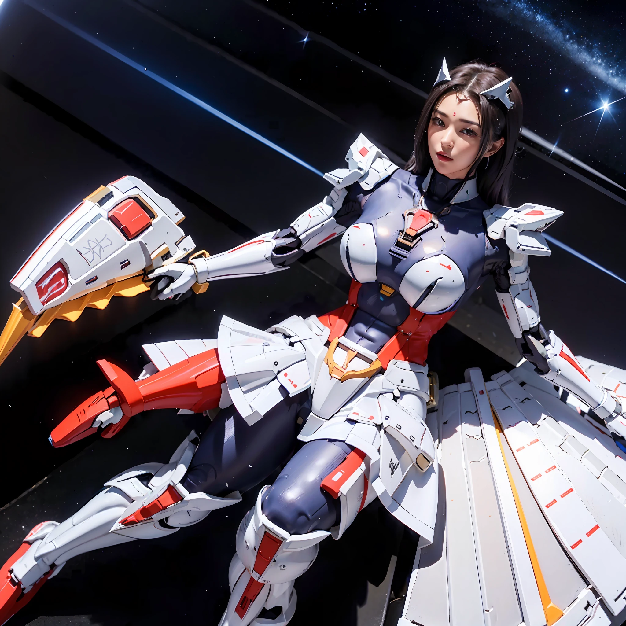 Full Body View CyberArmor Ultraman Empress is spreading her wings of light in outer space, ready to leap,The Ultra Armor Ultraman Empress in the ultra-wide-angle shot has an ethereal and graceful posture,Stretch out the light wings is magnificent,Cyberarmor Ultraman Empress has a sexy and atmospheric figure,K-cup teardrop-shaped giant tit chest tears the armor apart, making her sexy sex characteristics obvious body particularly attractive,She was facing the unfolding portal,Behind you is a bright starry sky,At your feet is the planet Cyber,A glorious body cloaked in space rays,A pair of huge heterochromatic eyes of Kaziran,Those eyes had gemstone pupils with dreamy fire,The sexy and tight waist and abdomen line is sexy and graceful,Cyber Armor Ultraman Empress Beauty collarbone connects to slender shoulder arms,There are graceful hands that are ergonomic and physiologically normal,Knee-high fishnet sock armor on his legs,Wearing Skyscraper Heels armor on his feet,There is no fat all over the body,And the funnel shape is slim at the waist,The buttock armor looks rounded and sexy,Slim mechanical beautiful legs are super slender,Gorgeous mech liveries and pulsed light strips give her a futuristic mechanical aesthetic,Use Midjourney's advanced stroke tools and experiment with different color palettes and strokes to reveal and improve clarity and detail,The starry sky element that shows the background uses hash power to compose the sexy mechanical shape of various parts of the body of the Cyberarmor Ultraman Empress,Improve image quality and clarity,Cyberarmor Ultraman Empress is a streamlined mechanical trait that coexists mechanically and sexy,The result is incredible detail throughout the picture。Use Midjourney's advanced brush tools and experiment with different color palettes and texture tools, stroke tools, material packs, character expression tools, and show and enhance the sexy elements in your scene,The result is an incredibly premium quality to the entire pictu