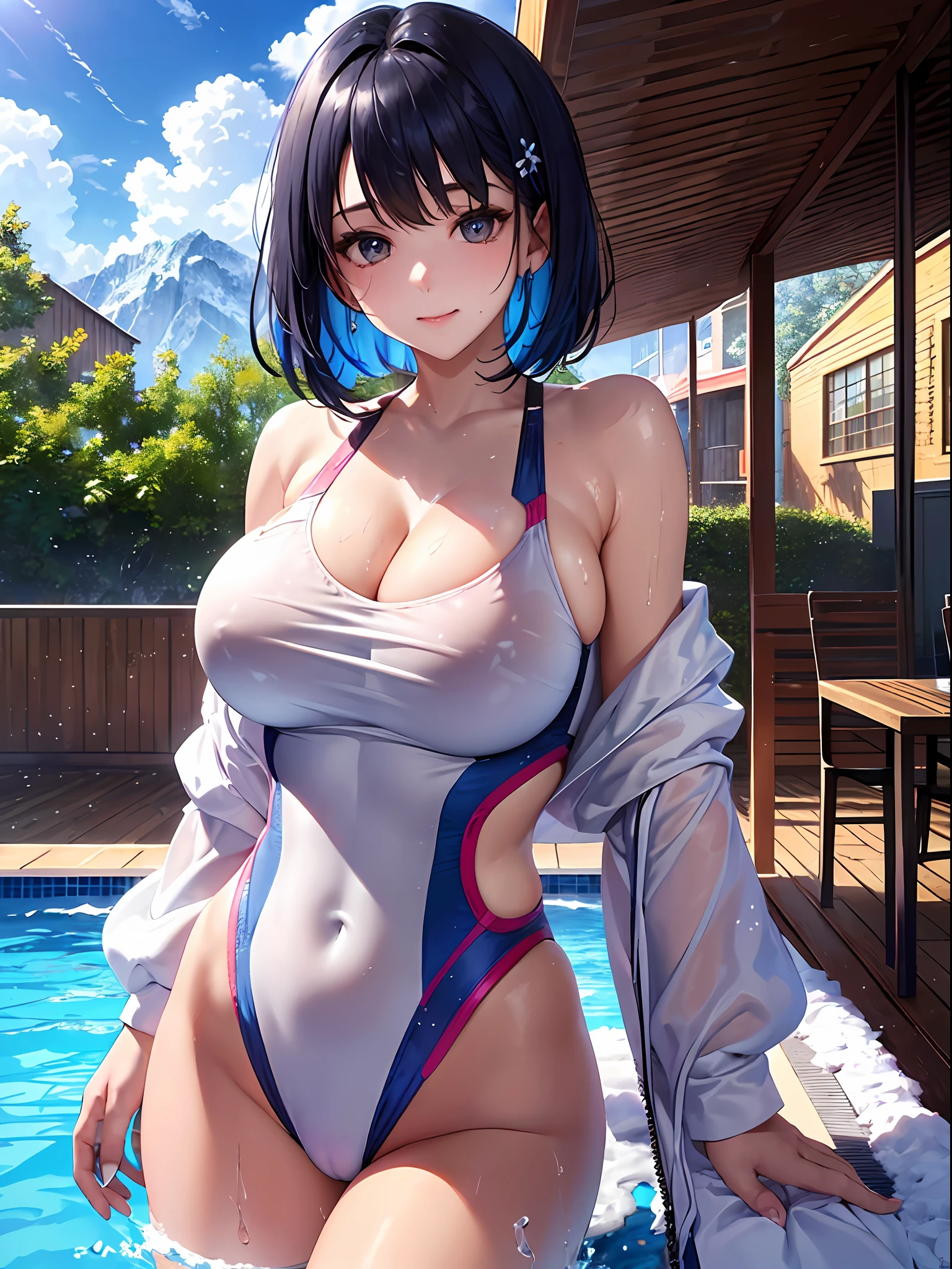 (top-quality: 1.3), (​masterpiece: 1.3), (The ultra-detailliert: 1.3), (wall-paper, one girls, liar: 1.1), ([Diamonds: 1.3|The eye]:1.2)、([opal:1.9|gradient_hair:1.1]:1.2)、(Hair drops:1.1)、(Detailed hands and fingers:1.2)、(Detailed ultra-oily shiny skin:1.1)、([Wetty:0.8|MuCoi])、oily shiny thighhigh、(Beautiful snow-white competitive swimsuit:1.3)、Wearing nothing but a swimsuit、Outdoor pool、Citizen Pool、Immersed in water、lightblue hair、ssmile、(Beautiful :2.0)、a short bob、Beautiful、full body Esbian、Hair gets wet、the body gets wet、Clear skies