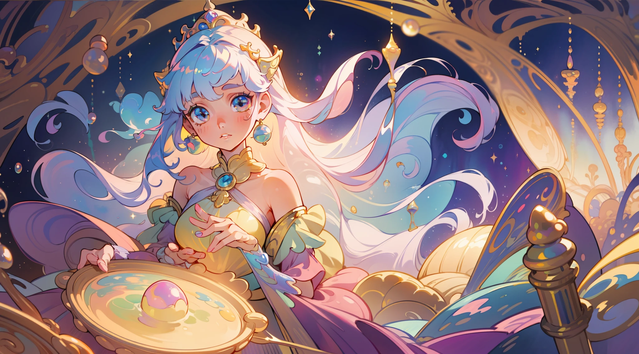 masterpiece, best quality, 8k resolution, sharp focus, intricate detail, beautiful girl, sparkling eyes, golden ratio face, otherworldly liquid, watercolor, pastel colors, bright colors, whimsical, colorful, sharp focus, high resolution, fine detail, princess fantasy flowing ballgown, ((round eyes)), iridescent bubbles, castle landscape in background