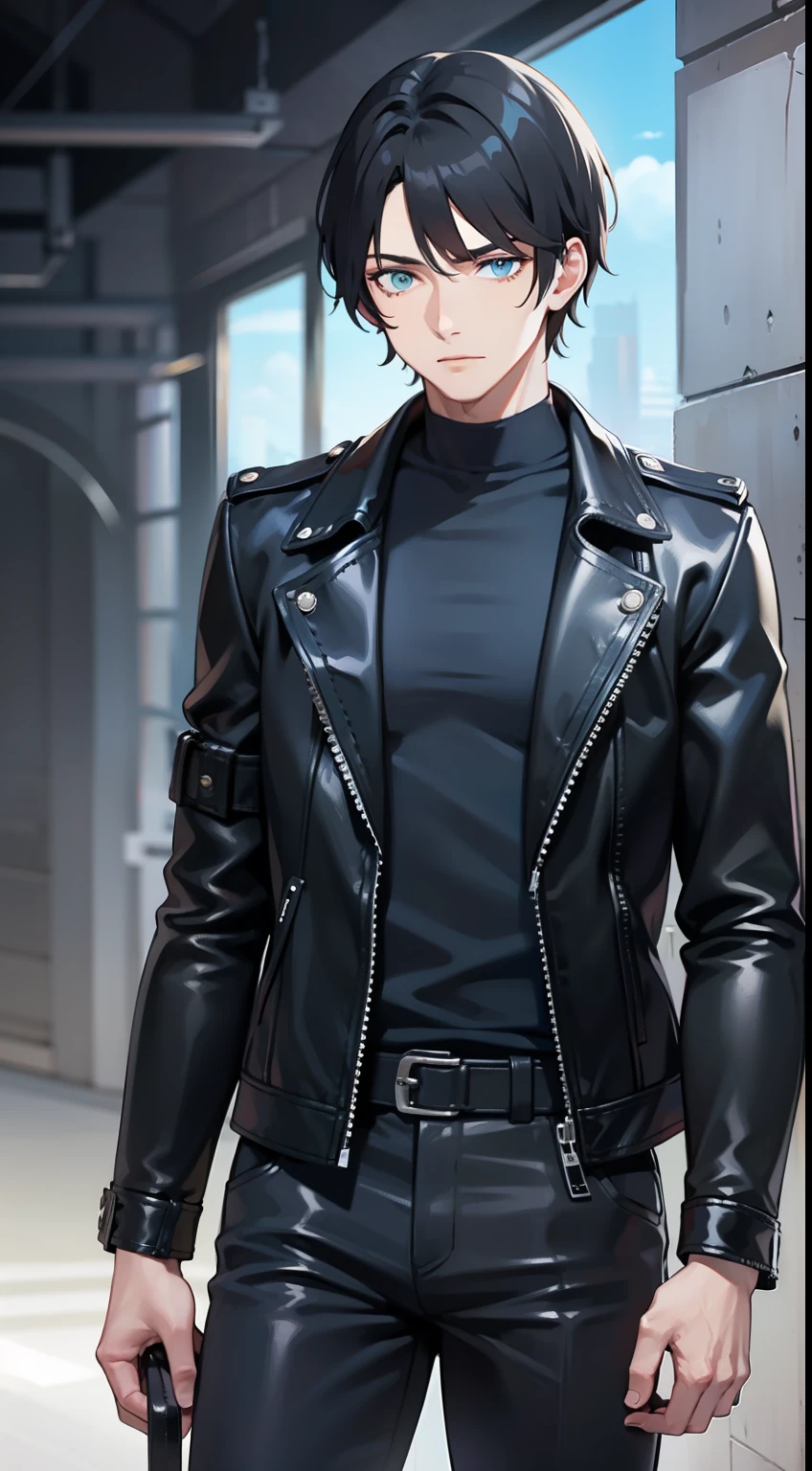 Tall guy, short black hair, Cyan eyes, black leather jacket, breeches, Masterpiece, hiquality