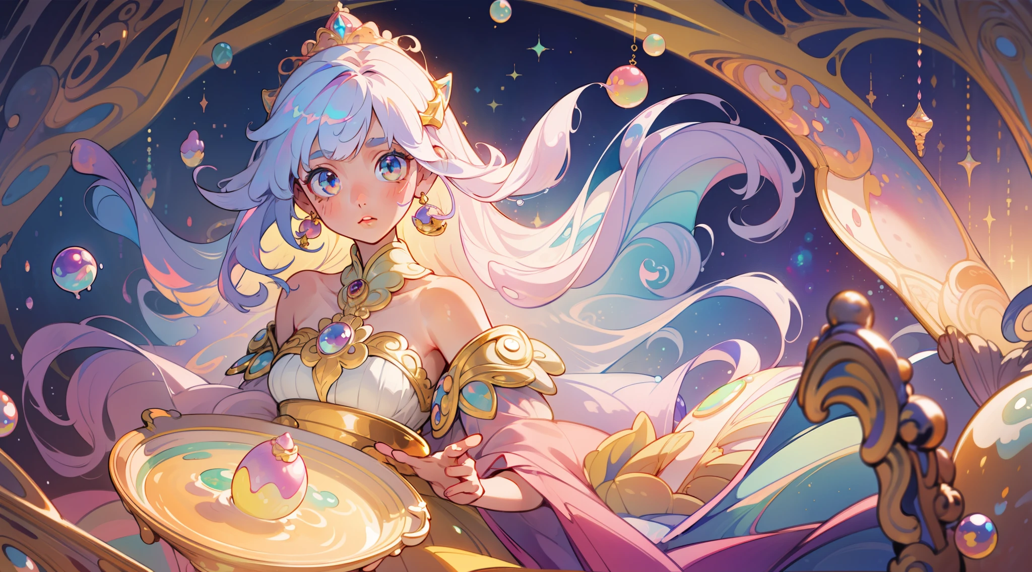 masterpiece, best quality, 8k resolution, sharp focus, intricate detail, beautiful girl, sparkling eyes, golden ratio face, otherworldly liquid, watercolor, pastel colors, bright colors, whimsical, colorful, sharp focus, high resolution, fine detail, princess fantasy flowing ballgown, ((round eyes)), iridescent bubbles, castle landscape in background