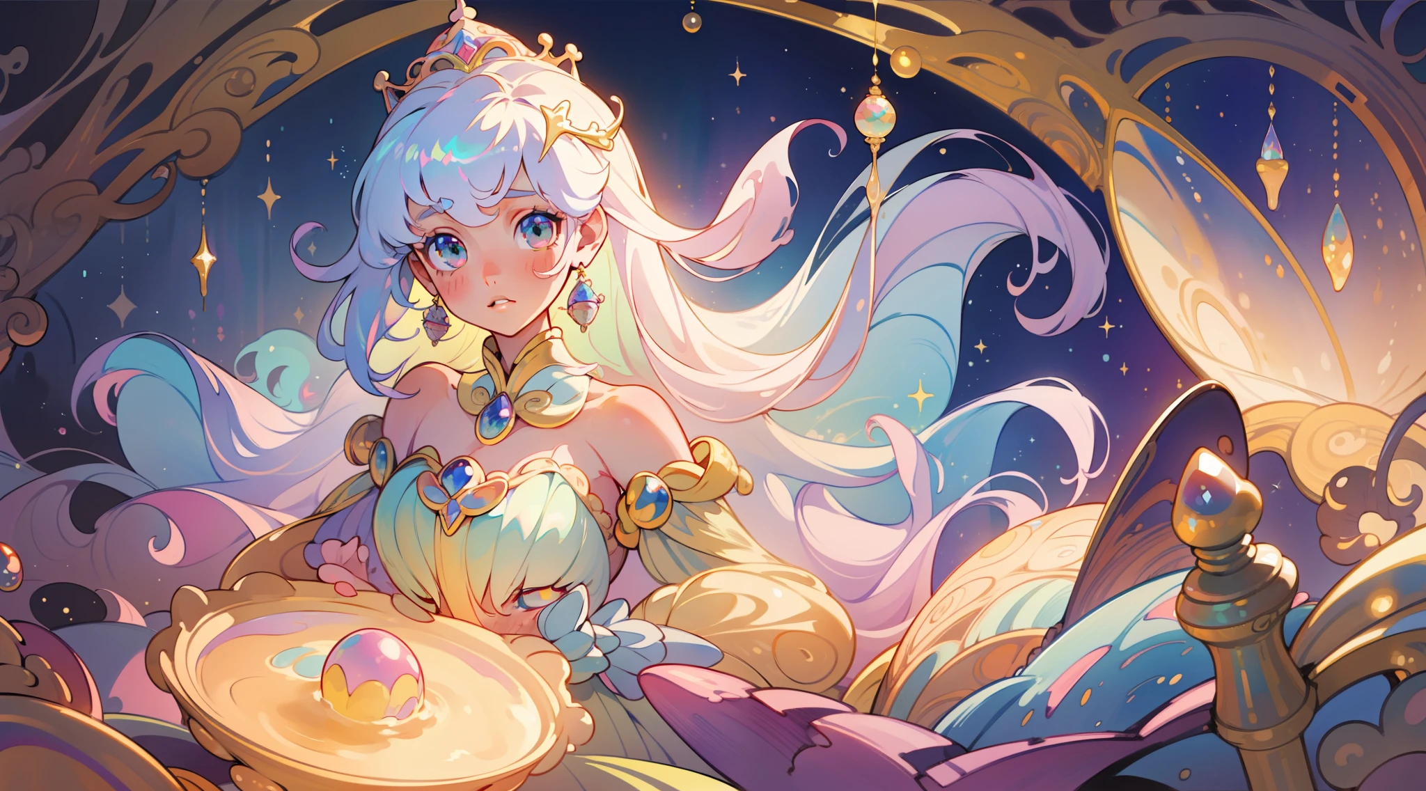 masterpiece, best quality, 8k resolution, sharp focus, intricate detail, beautiful girl, sparkling eyes, golden ratio face, otherworldly liquid, watercolor, pastel colors, bright colors, whimsical, colorful, sharp focus, high resolution, fine detail, princess fantasy flowing ballgown, ((round eyes)), iridescent bubbles, castle landscape in background
