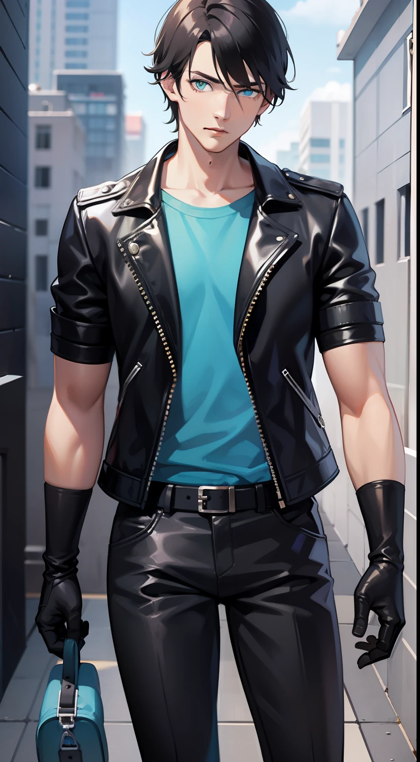 Tall guy, short black hair, Cyan eyes, black leather jacket, breeches, Masterpiece, hiquality