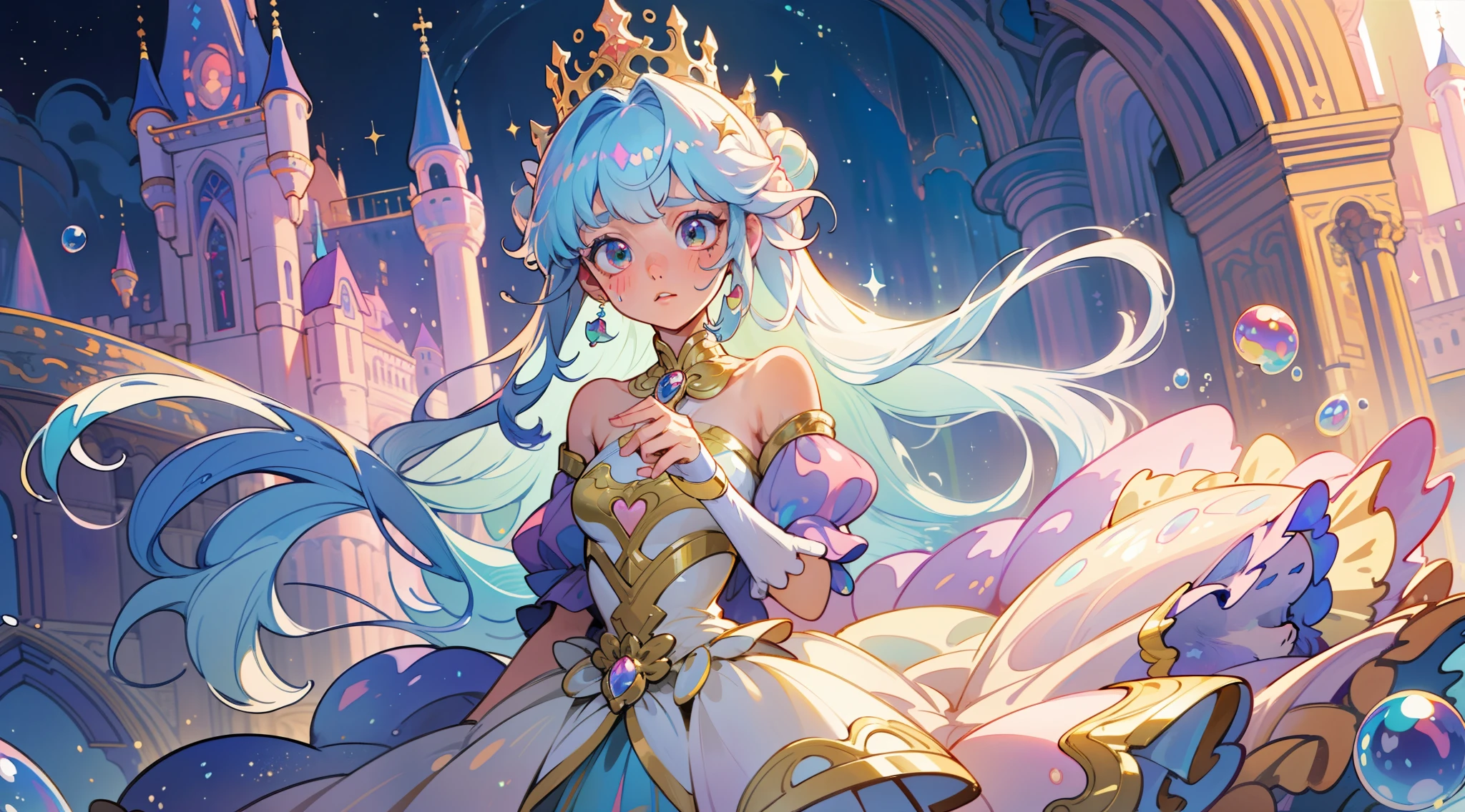 masterpiece, best quality, 8k resolution, sharp focus, intricate detail, beautiful girl, sparkling eyes, golden ratio face, otherworldly liquid, watercolor, pastel colors, bright colors, whimsical, colorful, sharp focus, high resolution, fine detail, princess fantasy flowing ballgown, ((round eyes)), iridescent bubbles, castle landscape in background