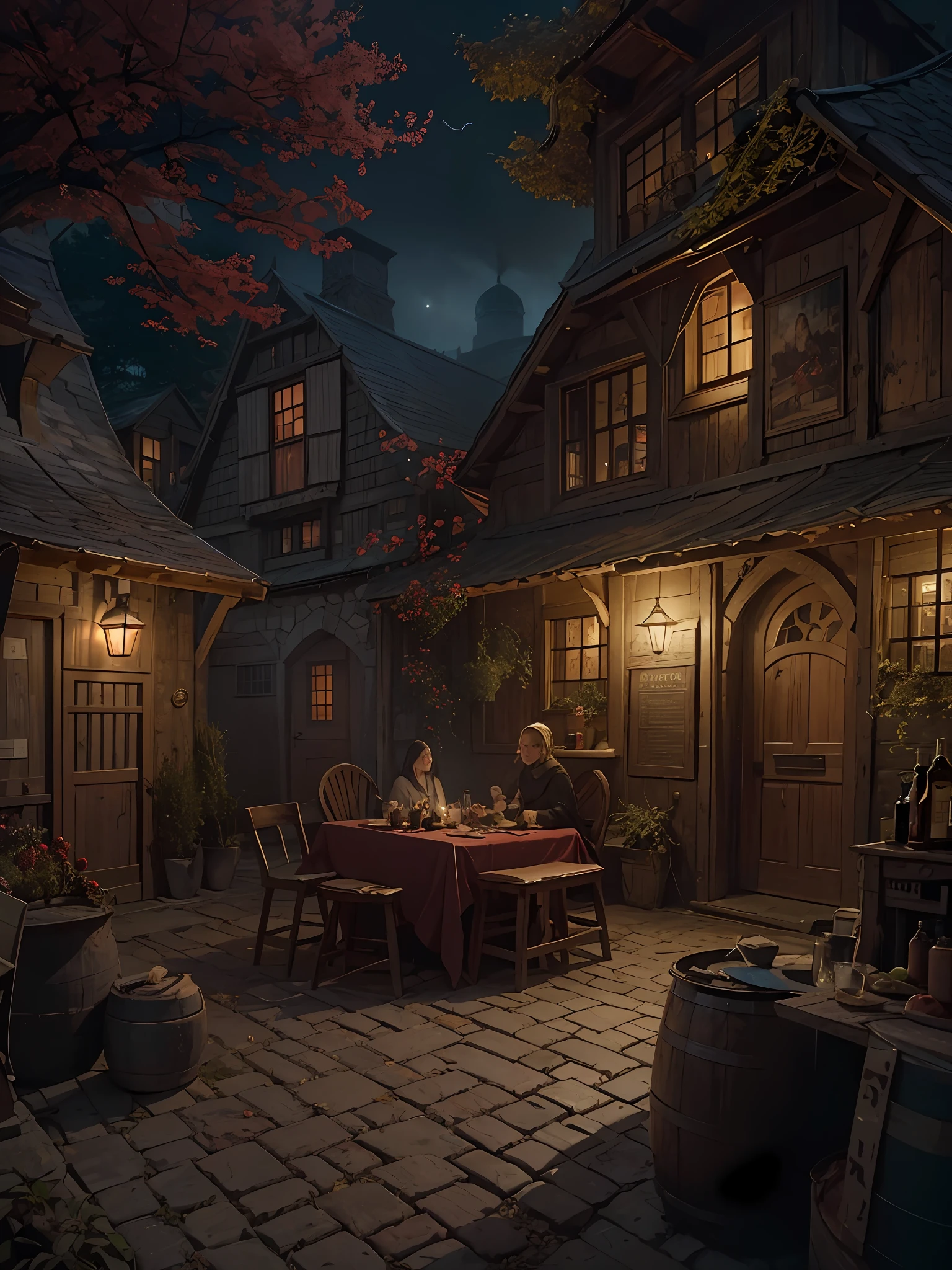 a screenshot of a ghost house in the dark, in the style of lively tavern scenes, photo-realistic landscapes, medieval-inspired, traditional street scenes, eerily realistic, greg olsen, detailed world-building