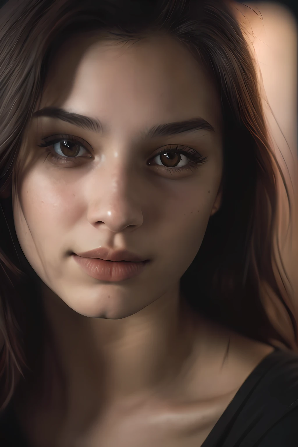 (close-up, editorial photograph of a 21 year old woman), (highly detailed face:1.4) (smile:0.7) (background inside dark, moody, private study:1.3) POV, by lee jeffries, nikon d850, film stock photograph ,4 kodak portra 400 ,camera f1.6 lens ,rich colors ,hyper realistic ,lifelike texture, dramatic lighting , cinestill 800,