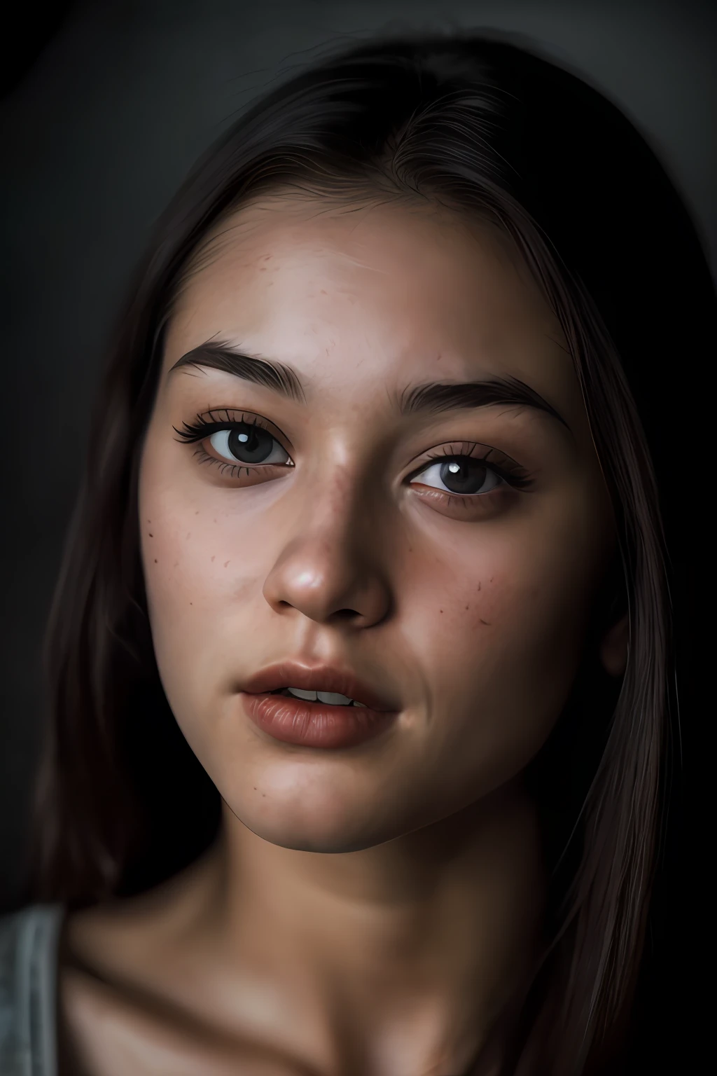 (close-up, editorial photograph of a 21 year old woman), (highly detailed face:1.4) (smile:0.7) (background inside dark, moody, private study:1.3) POV, by lee jeffries, nikon d850, film stock photograph ,4 kodak portra 400 ,camera f1.6 lens ,rich colors ,hyper realistic ,lifelike texture, dramatic lighting , cinestill 800,