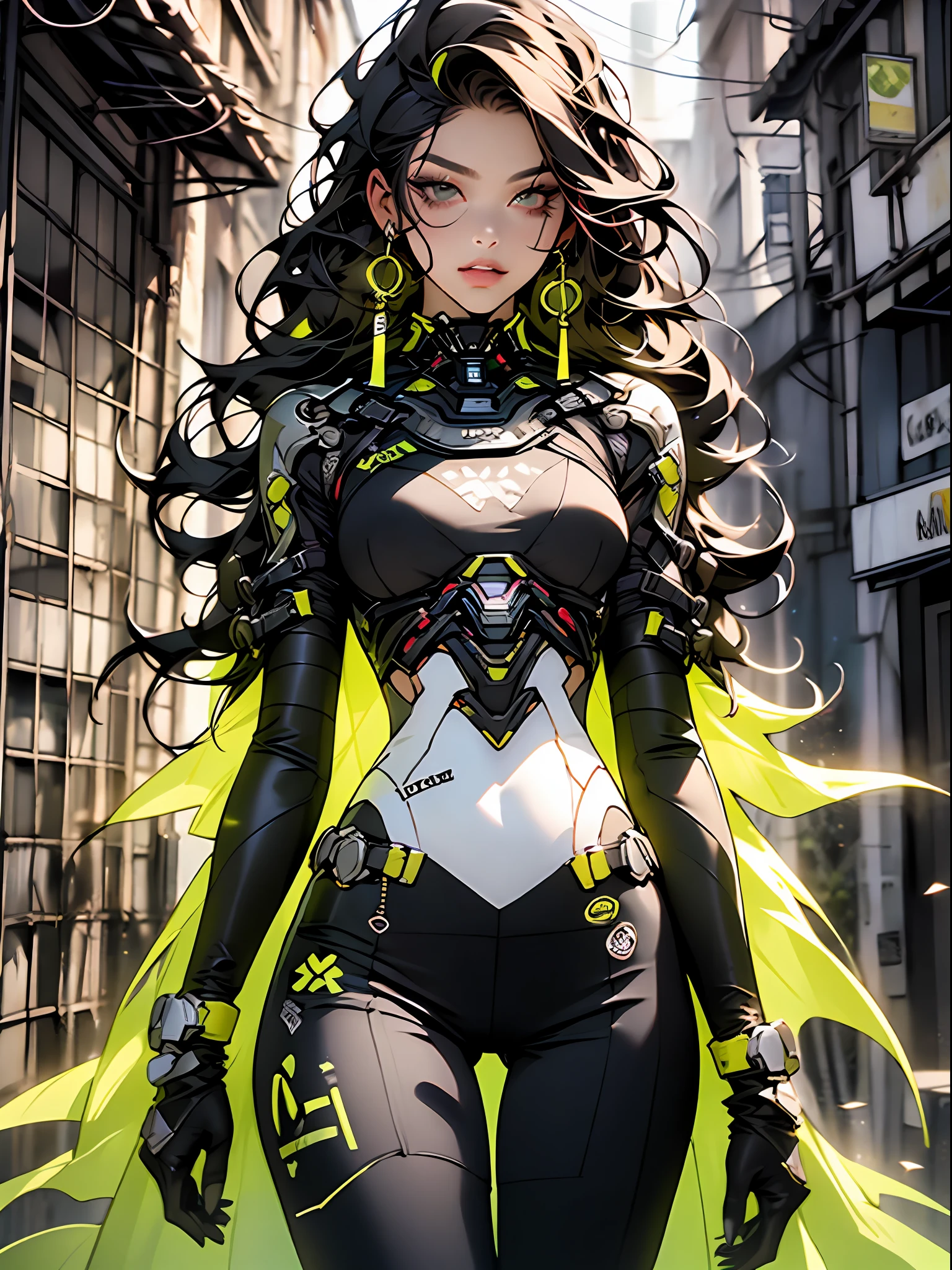 ((melhor qualidade)), ((obra prima)), garota adulta com roupa hiper detalhada com peitoral no formato de caveira, Modern black clothing with yellow details, cabelo branco, guerreira urbana com exo-esqueleto