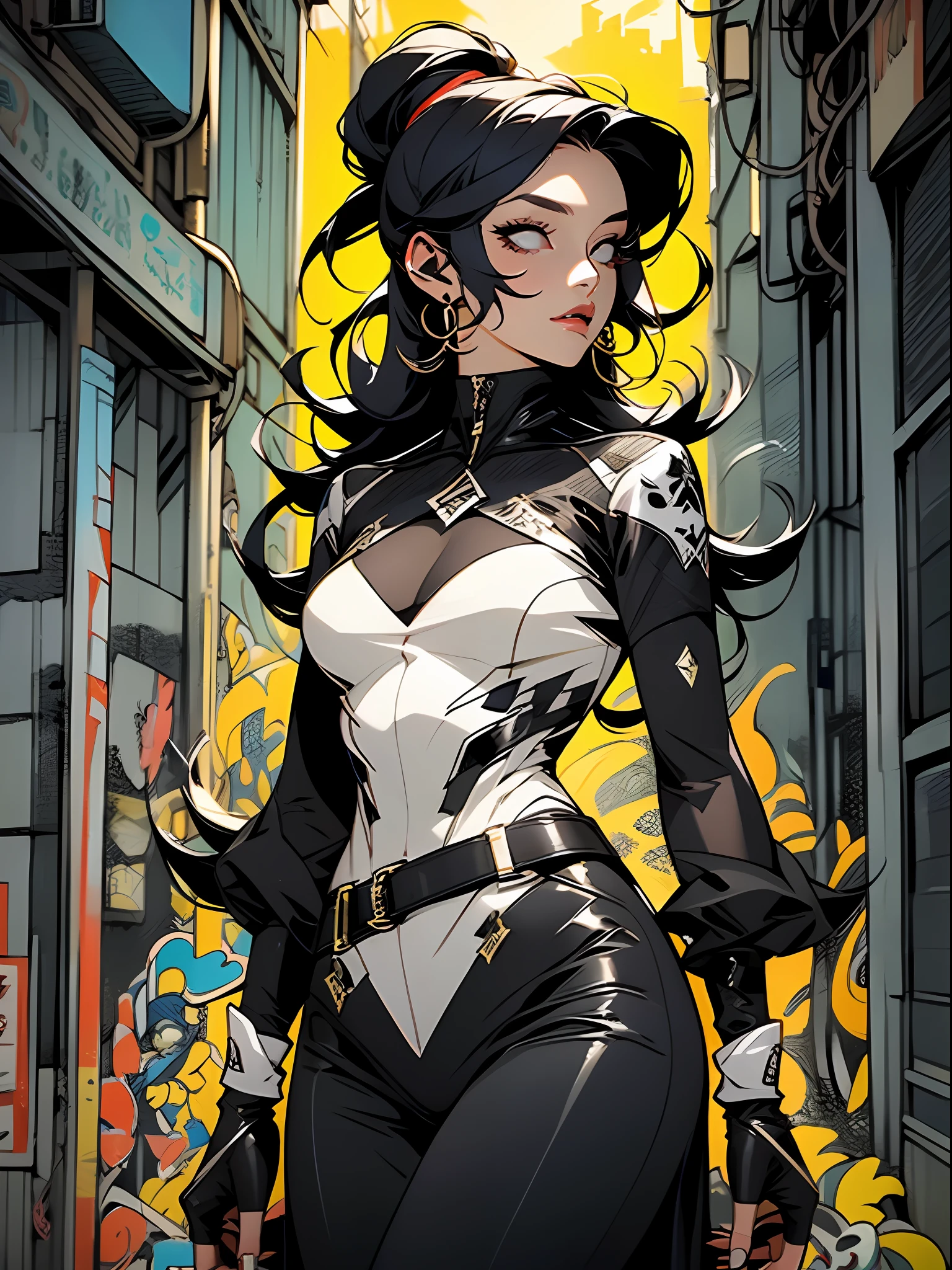 ((melhor qualidade)), ((obra prima)), garota adulta com roupa hiper detalhada com peitoral no formato de caveira, Modern black clothing with yellow details, cabelo branco, guerreira urbana com exo-esqueleto