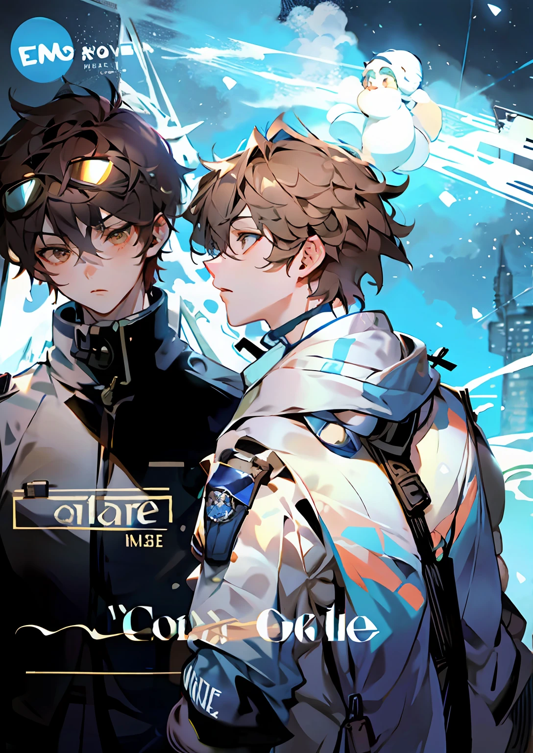 Both men are wearing goggles, male brown hair and brown eyes on the right, and two adult males,Tall and strong,Wide shoulders,Snowy blue sky and cable car in the background