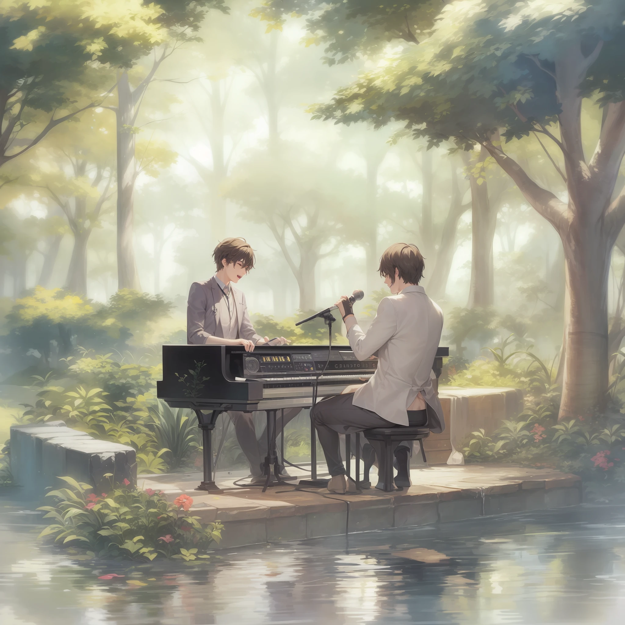 Male vocalist singing a song、Male keyboardist at play、top-quality、Beautiful nature、