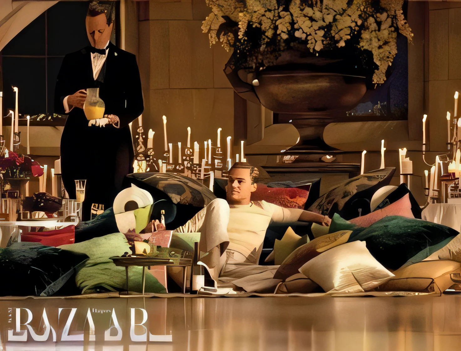 arafed image of a man and woman sitting on a couch in a formal setting, harpers bazaar, harper's bazaar, greg rutkowski and mario testino, photo from vogue magazine, “leonardo dicaprio, harper's bazaar art, oscar, snapchat photo, oscar winning, mario testino, lounging on expensive sofa, great masterpiece, instagram photo, from scene from inception
