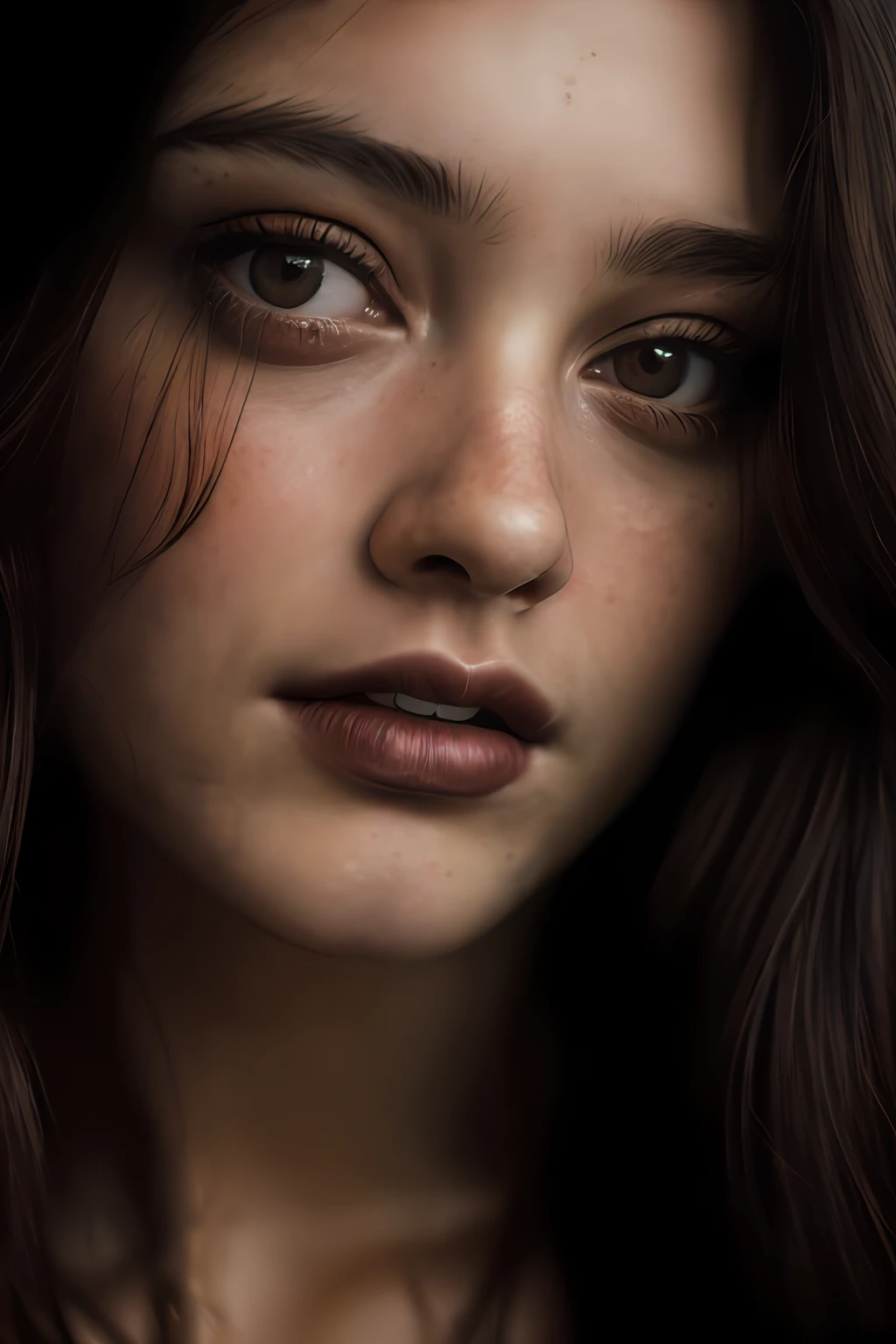 (close-up, editorial photograph of a 21 year old woman), (highly detailed face:1.4) (smile:0.7) (background inside dark, moody, private study:1.3) POV, by lee jeffries, nikon d850, film stock photograph ,4 kodak portra 400 ,camera f1.6 lens ,rich colors ,hyper realistic ,lifelike texture, dramatic lighting , cinestill 800,