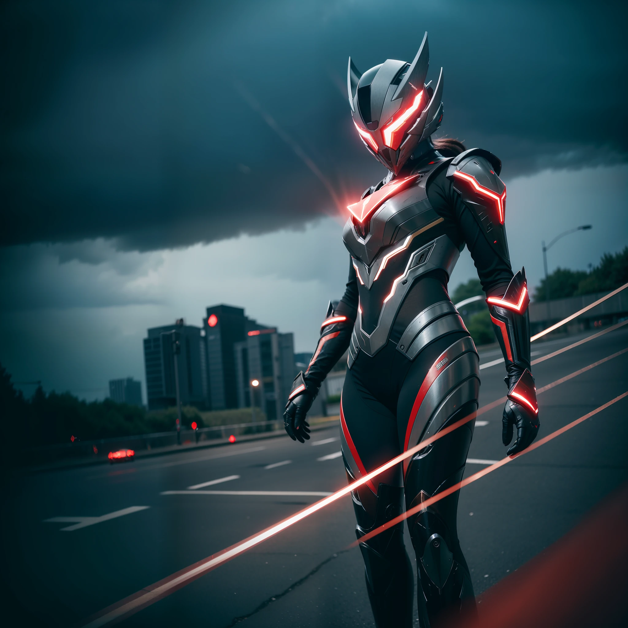 1 girl WARFRAME, intricate pattern, heavy metal, shining surface, energy lines, faceless, glowing eyes, elegant, intense, blood red and black uniform, solo, modern, city, streets, dark clouds, thunderstorm, heavy rain, dramatic lighting, (masterpiece:1.2), best quality, high resolution, beautiful detailed, extremely detailed, perfect lighting,4k,8k,16k,32k
