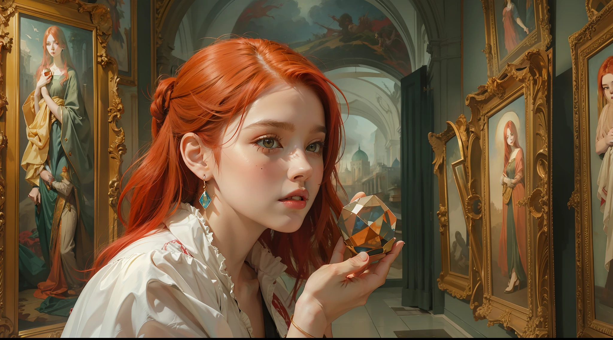 A beautiful girl with red hair, in an art museum with beautiful paintings on the walls, holding a gemstone in her hand
