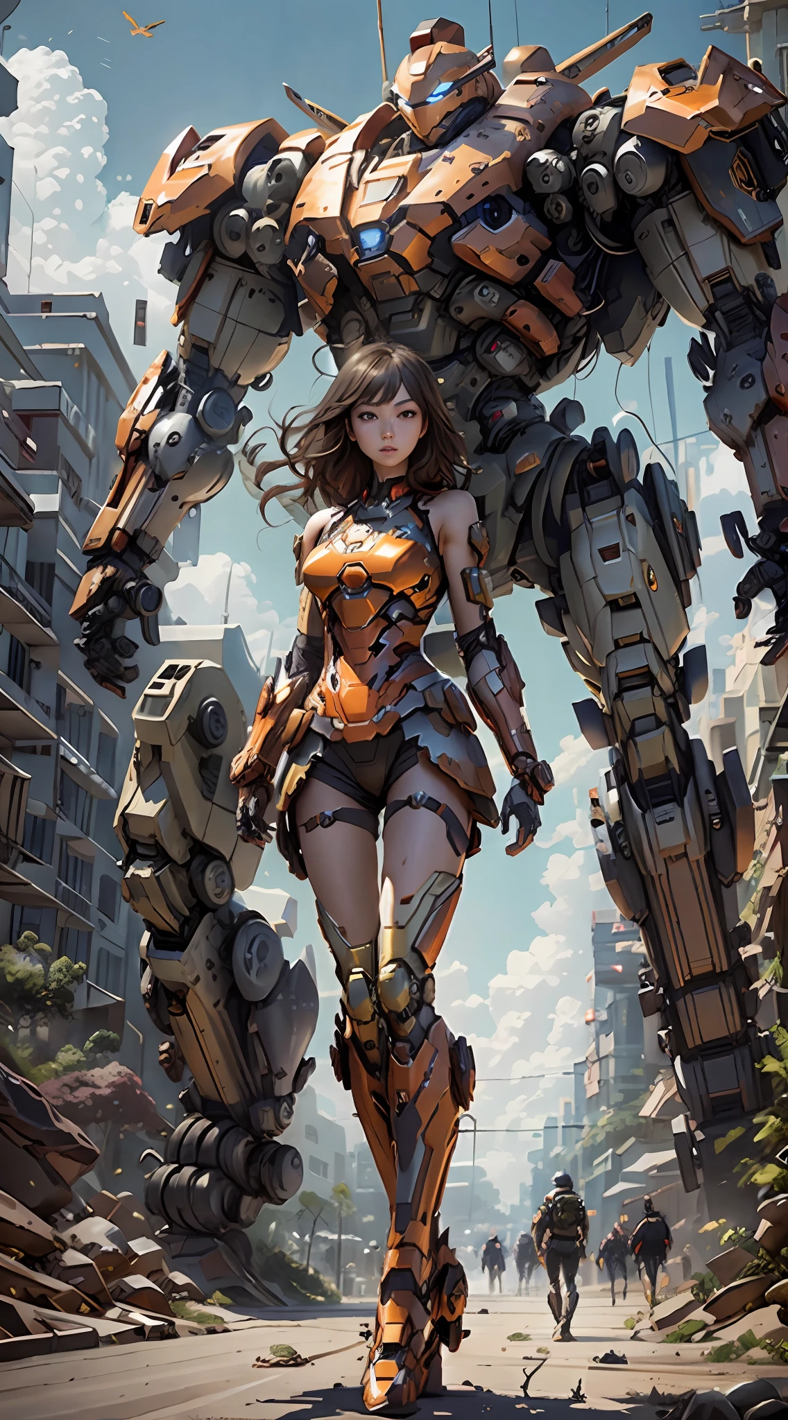 Boutique,best quality,Gold jewelry,(slip out feet),Fairy skin,(Fidelity :1.2),Standing,Super Detailed,realistic,High quality,Movie Light,Ray tracking,Ultra HD,Upper body, A girl wearing a futuristic Iron Man mech, orange darkened purple color scheme, lying on a giant humanoid tank resting, dynamic pose, dynamic angles, cinematic shots, tank turrets, missile launching equipment, large-caliber guns, Ross Tran 8 K, mecha tank network armored fighting vehicle,