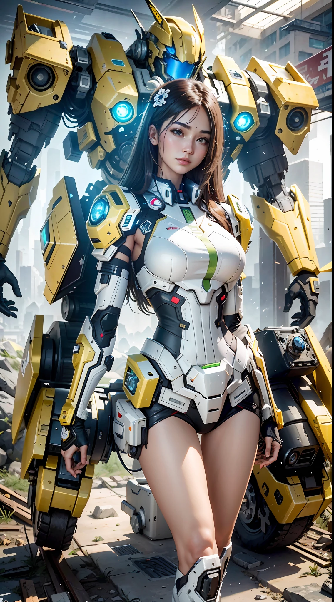 ((best qualtiy)), ((tmasterpiece)), (The is very detailed:1.3), 3D, Shitu-mecha, Beautiful cyberpunk woman with her mech in the ruins of the city of the forgotten war, divine breasts,Ancient Techniques, HDR(HighDynamicRange), Ray traching, NVIDIA RTX, Hyper-Resolution, Unreal 5, sub surface scattering, PBR Texture, post-proces, Anisotropic filtering, depth of fields, Maximum clarity and sharpness, Many-Layer Textures, Albedo e mapas Speculares, Surface Coloring,Accurately simulate light-material interactions,perfectly proportions,rendering by octane,twotonelighting,Low ISO,White balance,trichotomy,Wide aperture,8K RAW,High-Efficiency Sub-Pixel,sub-pixel convolution,Luminous Particle,Light scattering,Tyndall effect