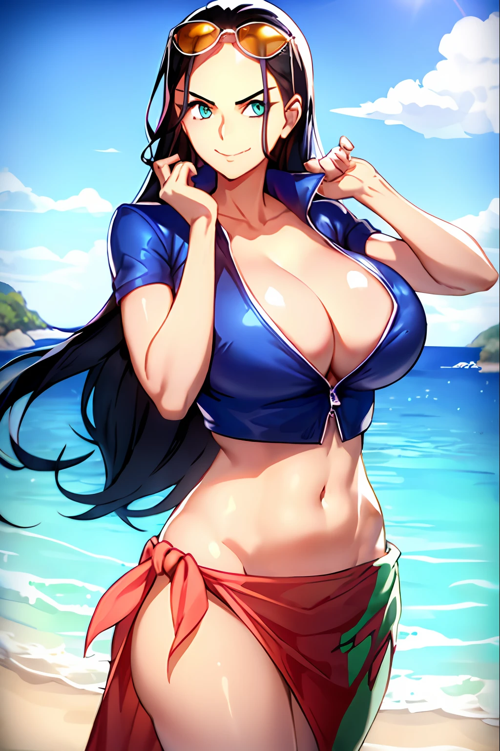 nico robin, 1girl, aqua eyes, black hair, breasts, cleavage, closed mouth, collared jacket, cowboy shot, crop top, cropped jacket, extra hands, eyewear on head, hair slicked back, hand up, high collar, jacket, large breasts, long hair, looking at viewer, midriff, navel, plunging neckline, pose, sarong, short sleeves, smile, solo, standing, stomach, sunglasses, very long hair, outdoors, sea, ships, ((masterpiece))