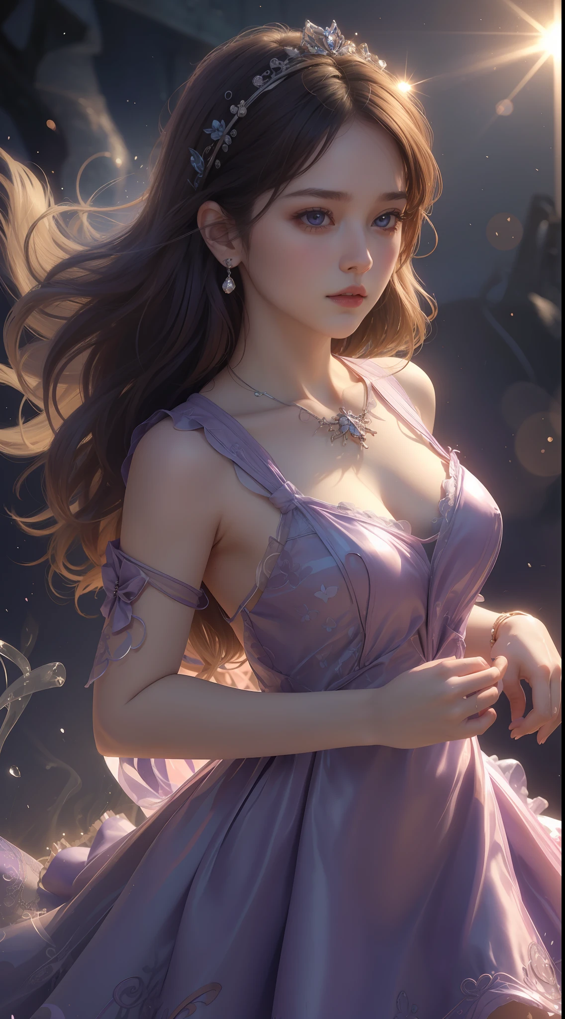 8K ultra hd, masterpiece, ultra quality, a cute girl, cute face, detailed eyes, detailed lip, medium breathe, dress, purple dress, beautiful dress, smoke effect, shining, morning time, sun light, upper body capture, whole body capture,