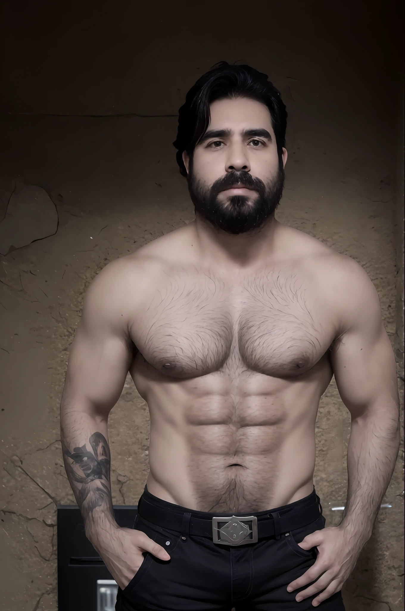Obra maestra, La mejor calidad, Altas Resoluciones, absurdos, realista, agarrando su propio pectoral, 1child, solamente, pelo corto, Enfoque pectoral, pectorales depilados, sonrojarse, , cabello negro, Parte superior del cuerpo, muscular, Mirando al espectador, rodeado de animales