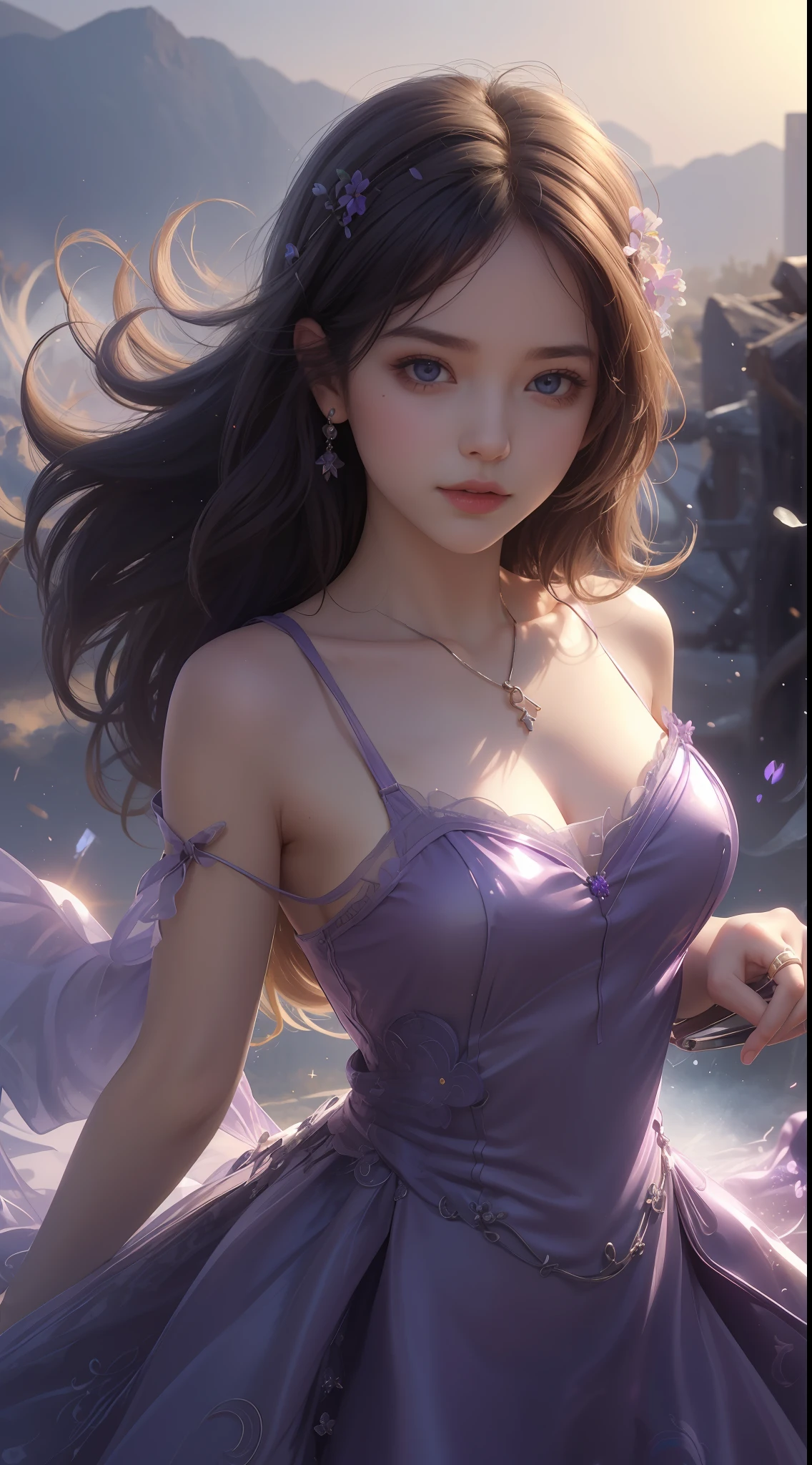 8K ultra hd, masterpiece, ultra quality, a cute girl, cute face, detailed eyes, detailed lip, medium breathe, dress, purple dress, beautiful dress, smoke effect, shining, morning time, sun light, upper body capture, whole body capture,