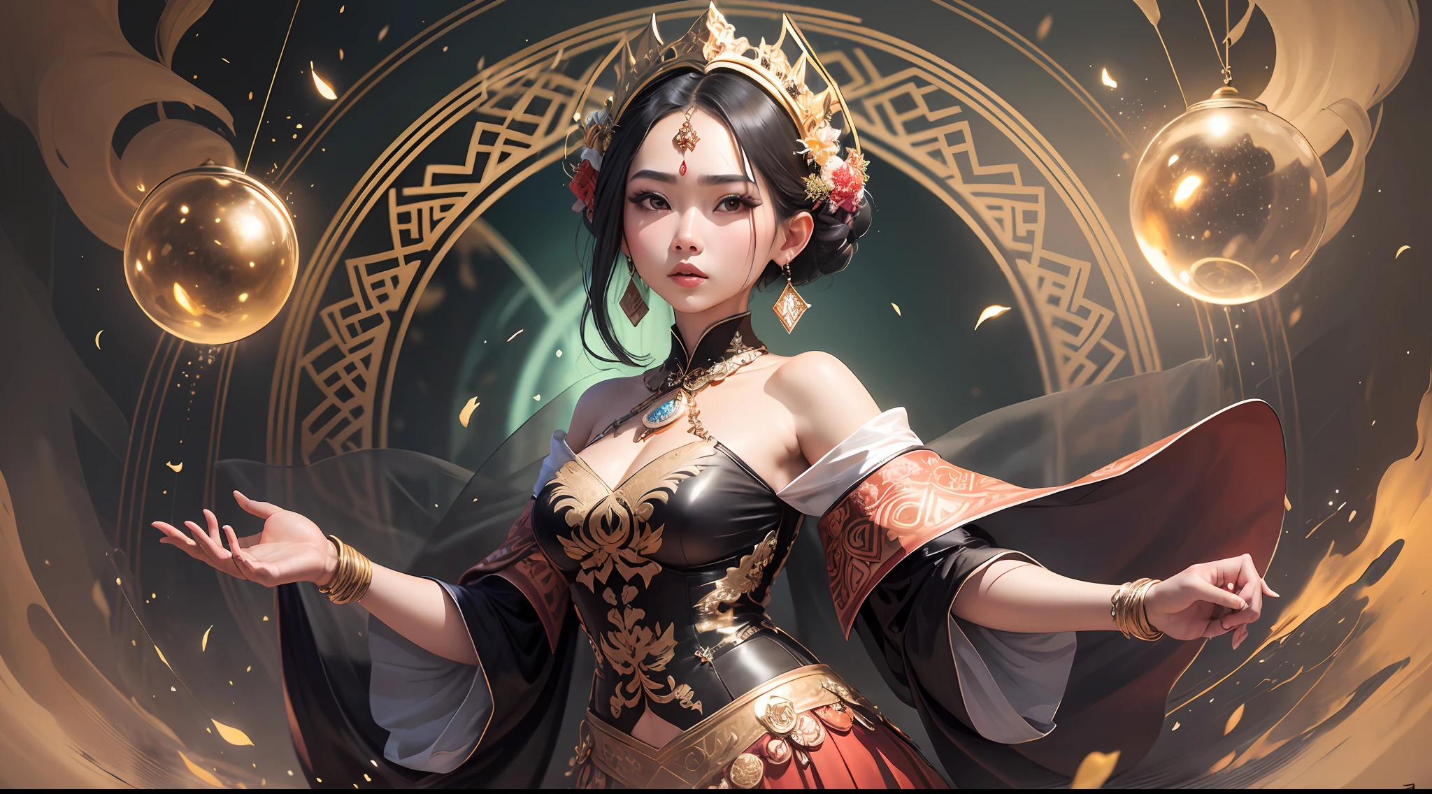 Roro Jonggrang is a legendary figure from Javanese folklore who is renowned for her exceptional beauty. According to tradition, she is said to have possessed a fair complexion, long dark hair, and enchanting black eyes. She is often depicted wearing traditional Javanese attire, which consists of a long kebaya blouse and a skirt that drapes elegantly over her frame. Roro Jonggrang's appearance is often likened to that of a goddess, with delicate features and a regal presence that immediately commands respect. Her beauty is celebrated across Indonesia and has inspired countless works of art throughout the centuries., absurdres, high-res, ultra-detailed, --auto --s2