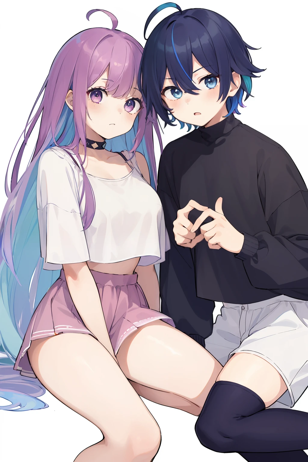 (​masterpiece、top-quality:1.1), 1girl and 1fem boy, Loose clothing, Beautiful eyes of iridescent colors,punch , The two are good friends、moody expression, Rainbow Hair Color, bangss, Ahoge,croptop, thighs thighs thighs thighs,