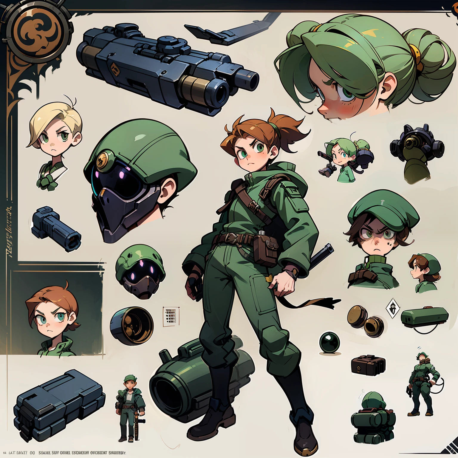 Close-up of a man in a gun suit，（（concept art of character）），((CharacterDesignSheet、Same role、frontage、Lateral face、on  back))Character art for Maple Story，video game characters designs，video game characters designs，，expert high detail concept art，metal slug concept art，interesting character design，Lucio as a man，gravity rush inspired，Viscous tar。concept-art，Waist belt buckle，steampunk weapon，Full body photo，full bodyesbian，long leges