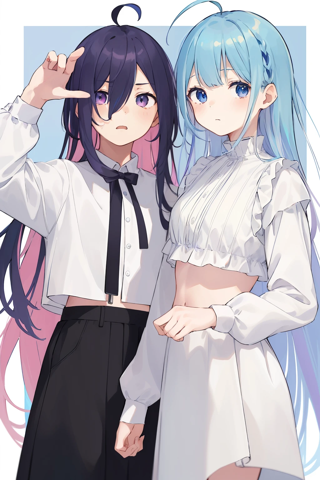 (​masterpiece、top-quality:1.1), 1girl and 1fem boy, Loose clothing, Beautiful eyes of iridescent colors,punch , The two are good friends、moody expression, Rainbow Hair Color, bangss, Ahoge,croptop, Everyday background