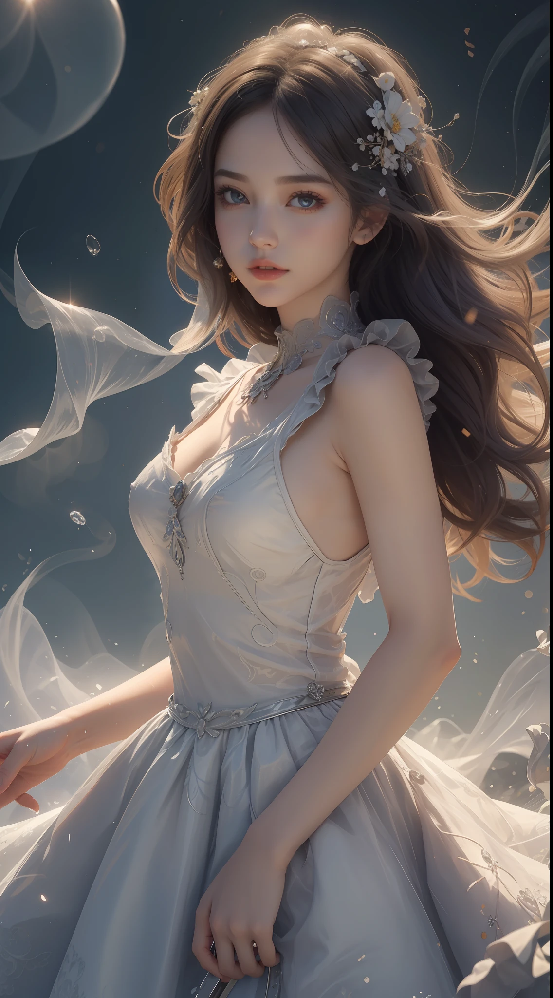 8K ultra hd, masterpiece, ultra quality, a cute girl, cute face, detailed eyes, detailed lip, medium breathe, dress, fantacy dress, beautiful dress, smoke effect, shining, morning time, sun light, upper body capture, whole body capture,