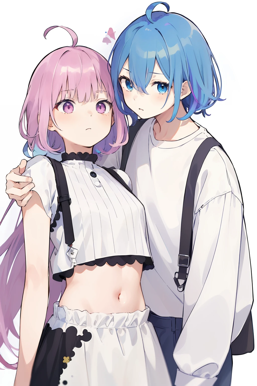 (​masterpiece、top-quality:1.1), 1girl and 1fem boy, Loose clothing, Beautiful eyes of iridescent colors,punch , The two are good friends、moody expression, Rainbow Hair Color, bangss, Ahoge,croptop, Everyday background