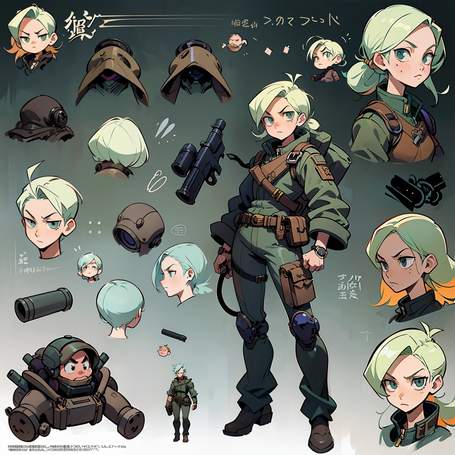 Close-up of a man in a gun suit，（（concept art of character）），((CharacterDesignSheet、Same role、frontage、Lateral face、on  back))Character art for Maple Story，video game characters designs，video game characters designs，，expert high detail concept art，metal slug concept art，interesting character design，Lucio as a man，gravity rush inspired，Viscous tar。concept-art，Waist belt buckle，steampunk weapon，Full body photo，full bodyesbian，long leges