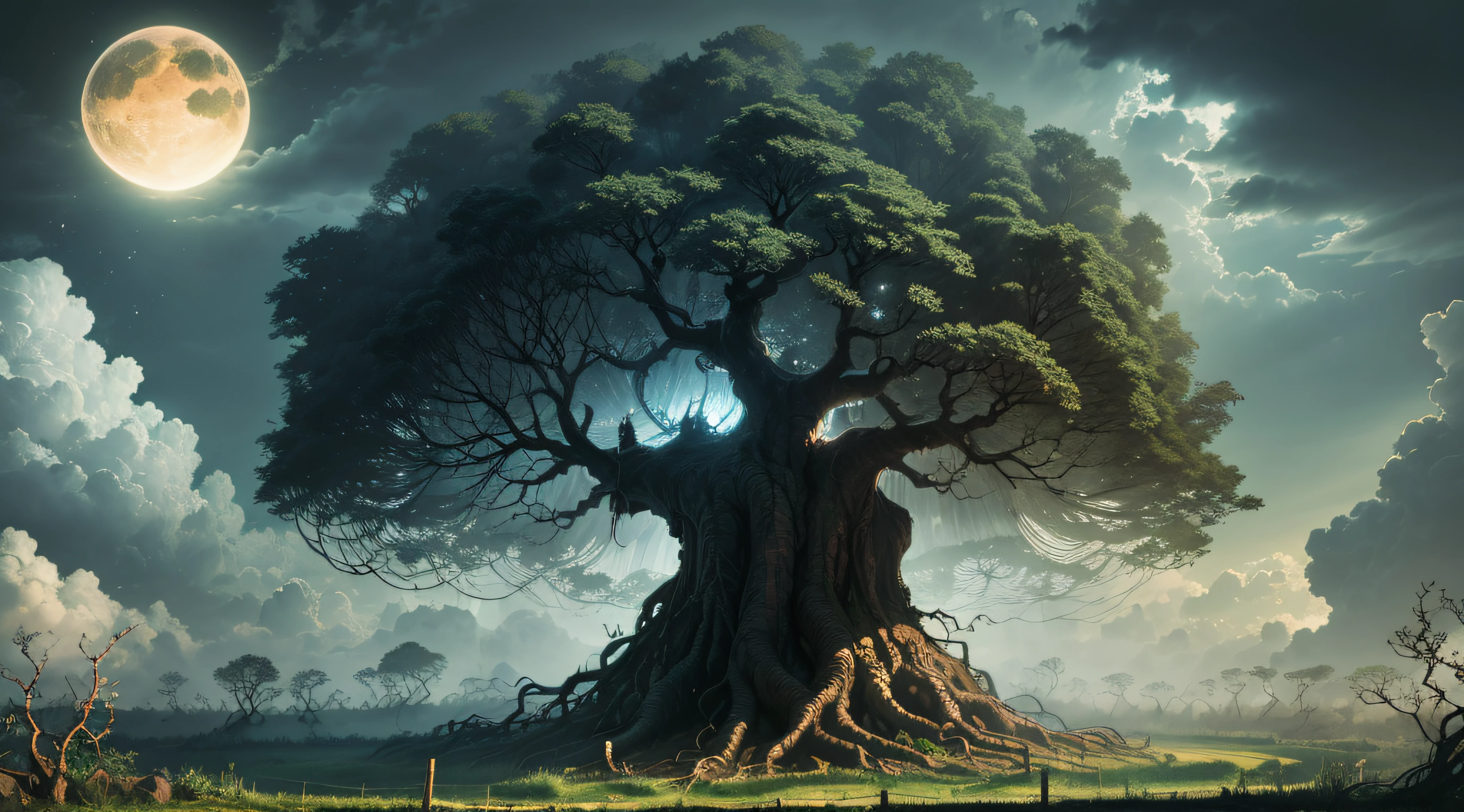 Paisagem linda com arvores gigantes, Roots to Exhibitions, Vines, plantas coloridas, palmeiras, coqueiros, rochas gigantes, cachoeiras, sky with dense clouds, sol, profundidade de campo, global ilumination, realista,