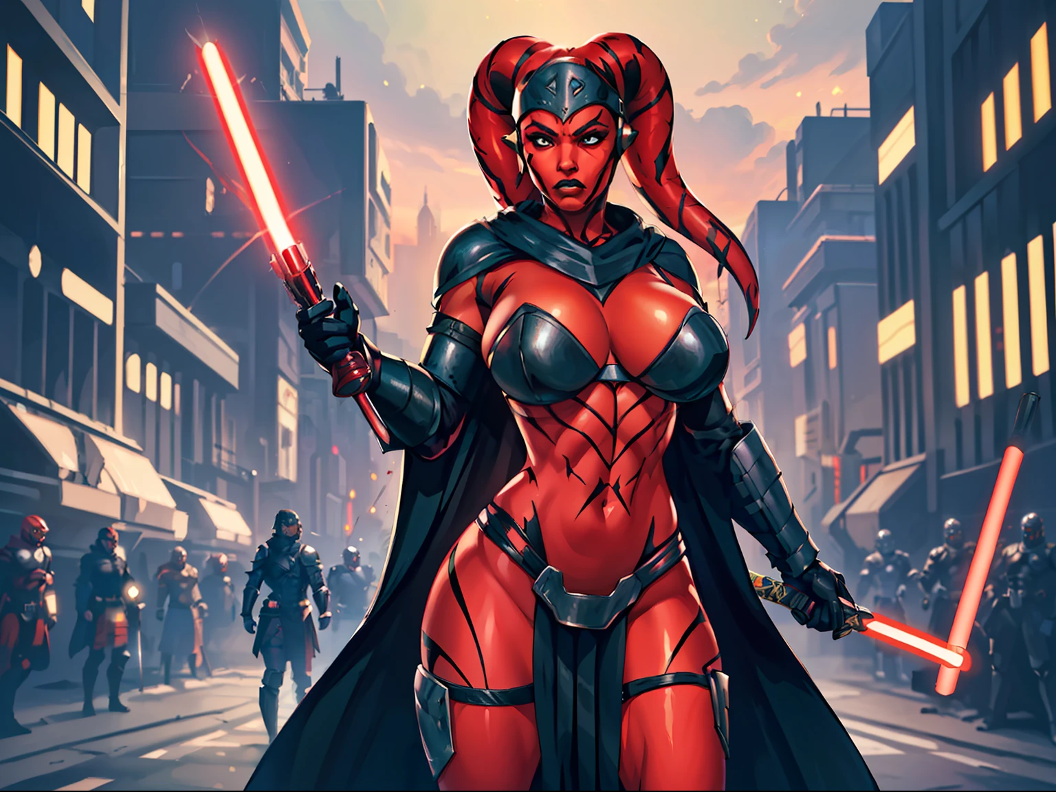 Gorgeous big tits Twi'lek woman in an action scene, (((fighting, swordfight, dual red lightsabers))), dynamic action, masterpiece, best quality, high-definition, armor, busty, ((red skin), twi'lek), dual red lightsabers, evil space knight, space ninja, (wearing black robes, black stealth armor, breastplate, tunic, tabard, cowl, cloak, body glove, straps, buckles, skirts, long sleeves, fantasy, ((armor))), ((busty), slender body, thin, slim sexy body, slim waist, ((gigantic breasts))), Imperial starship, Star Wars, futuristic city, warzone, soldiers in black armor