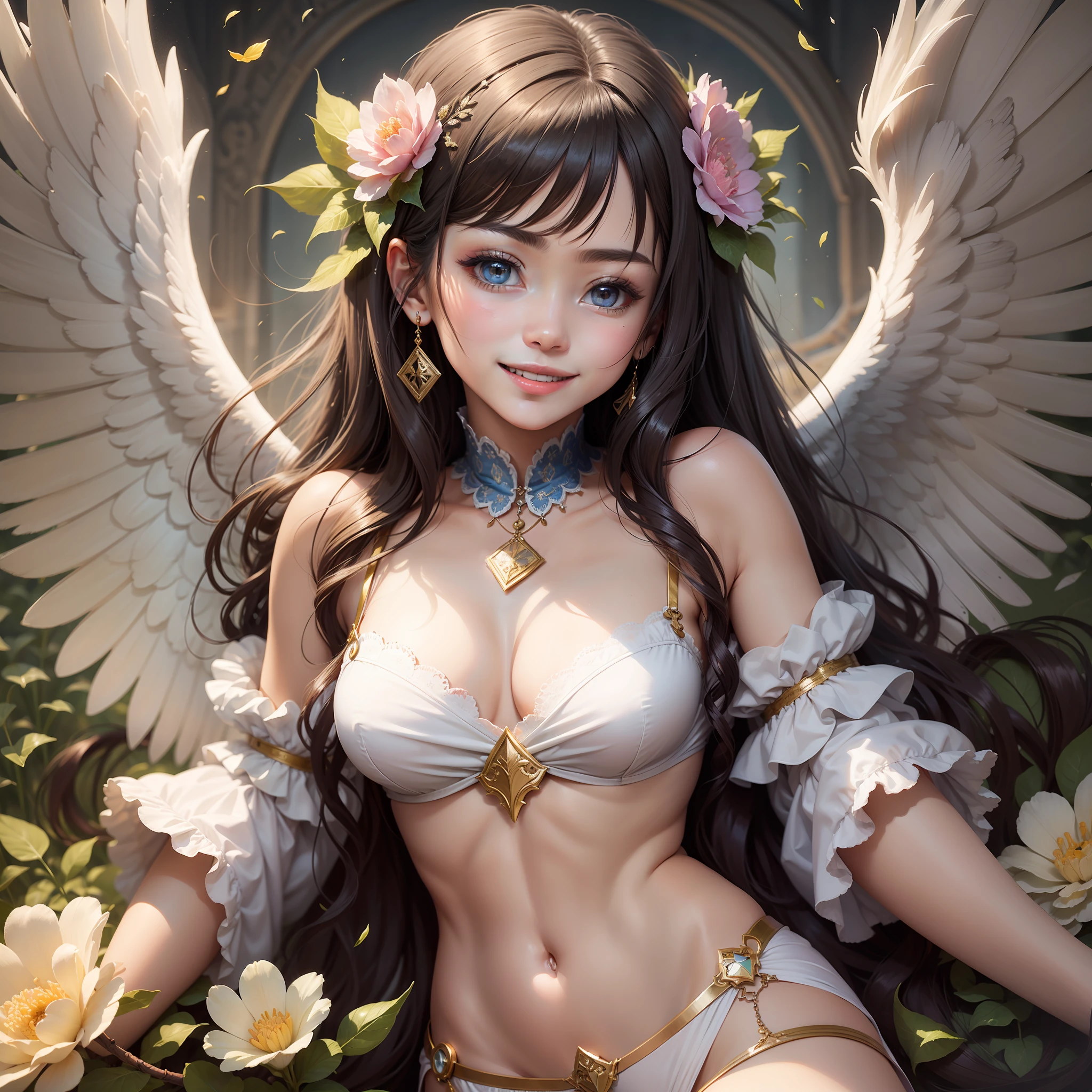 Multiple characters from the harem were depicted with smiles、Angel wings grew　girl with　Masterpiece illustrations with the highest image quality and ultra-high resolution。a beauty girl